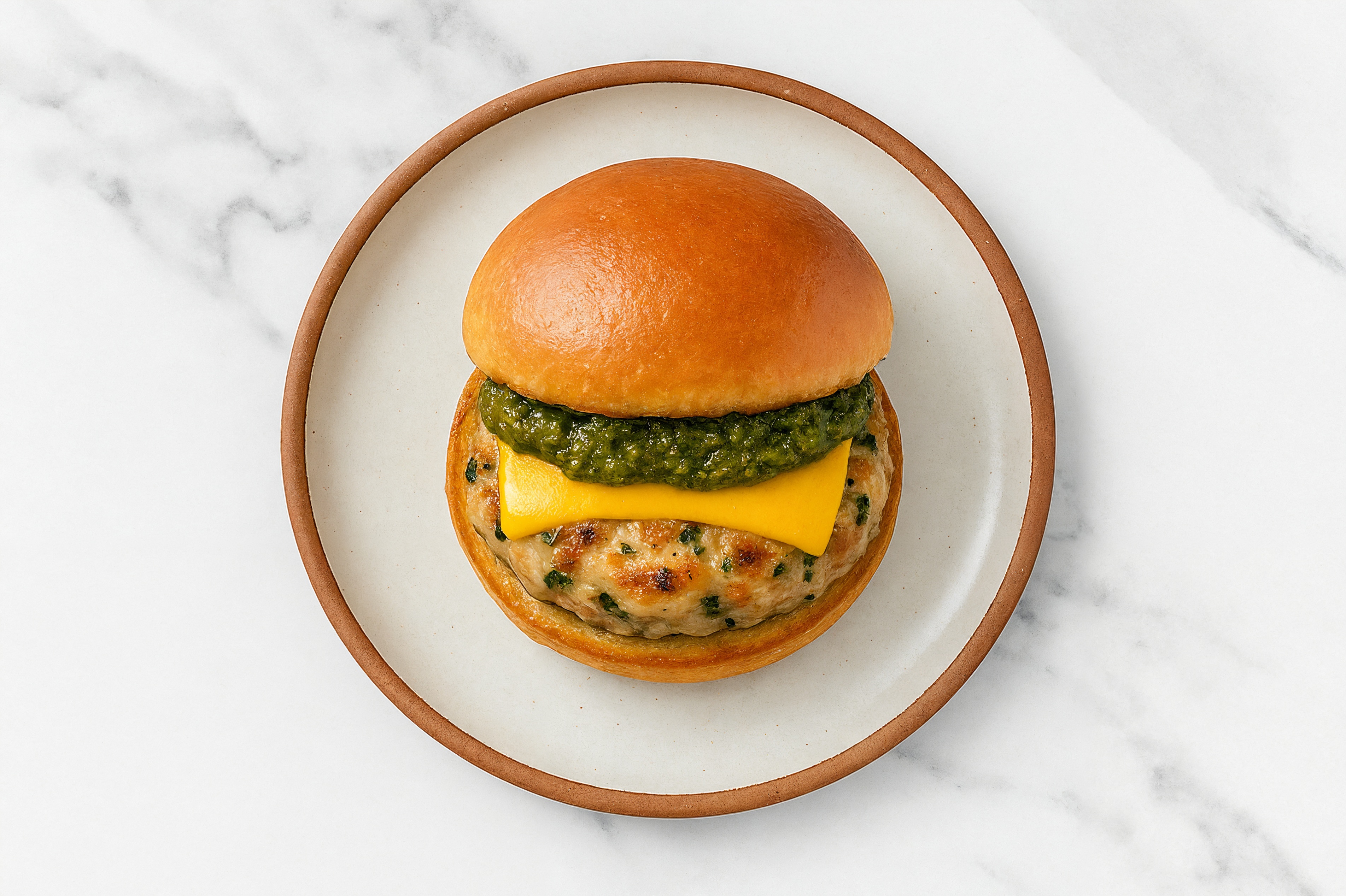 Garlic Chicken Burger Buns on Brioche with Spinach Pesto & American