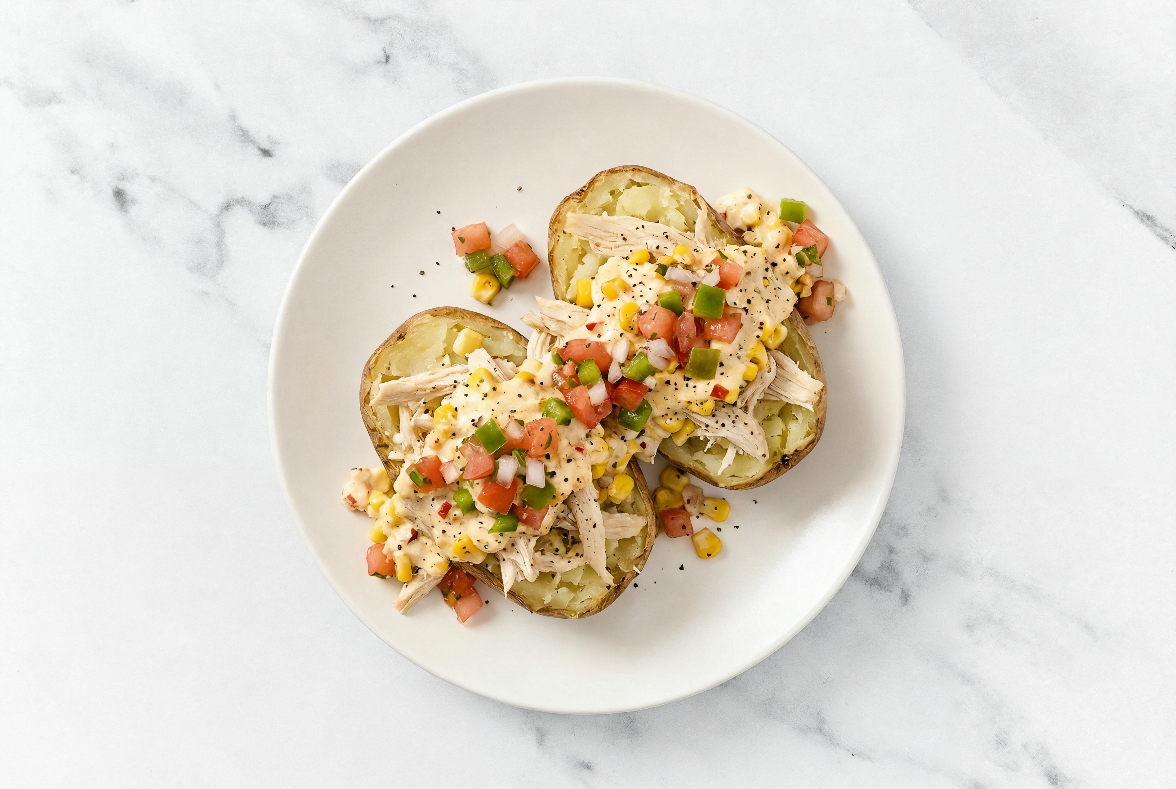 Stuffed Russet Potatoes with Mexican Street Corn + Pulled Chicken and Salsa