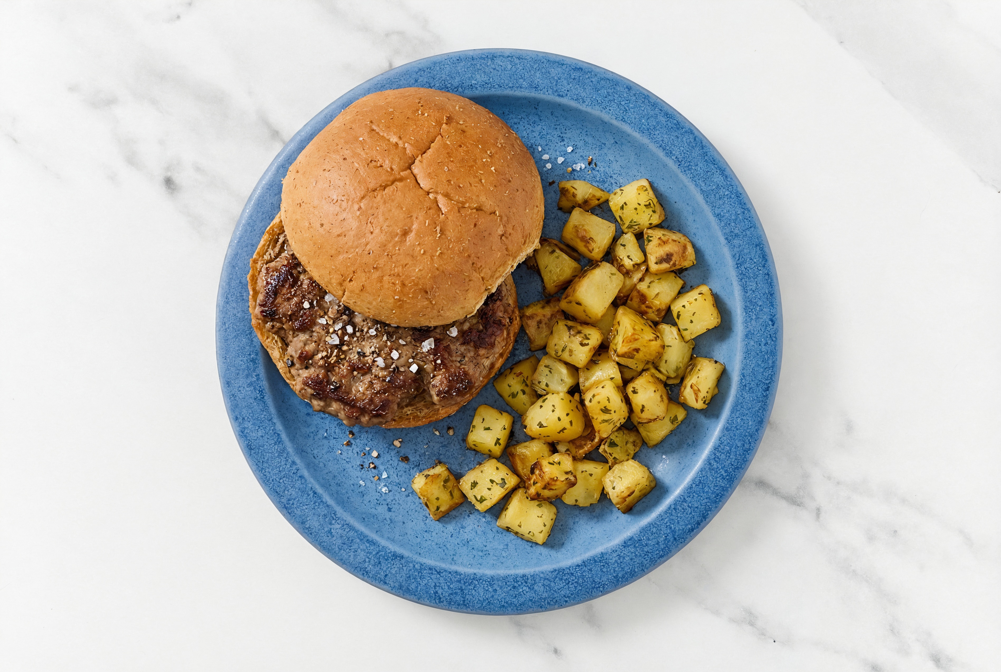 Beef Burger + Herbed Potatoes