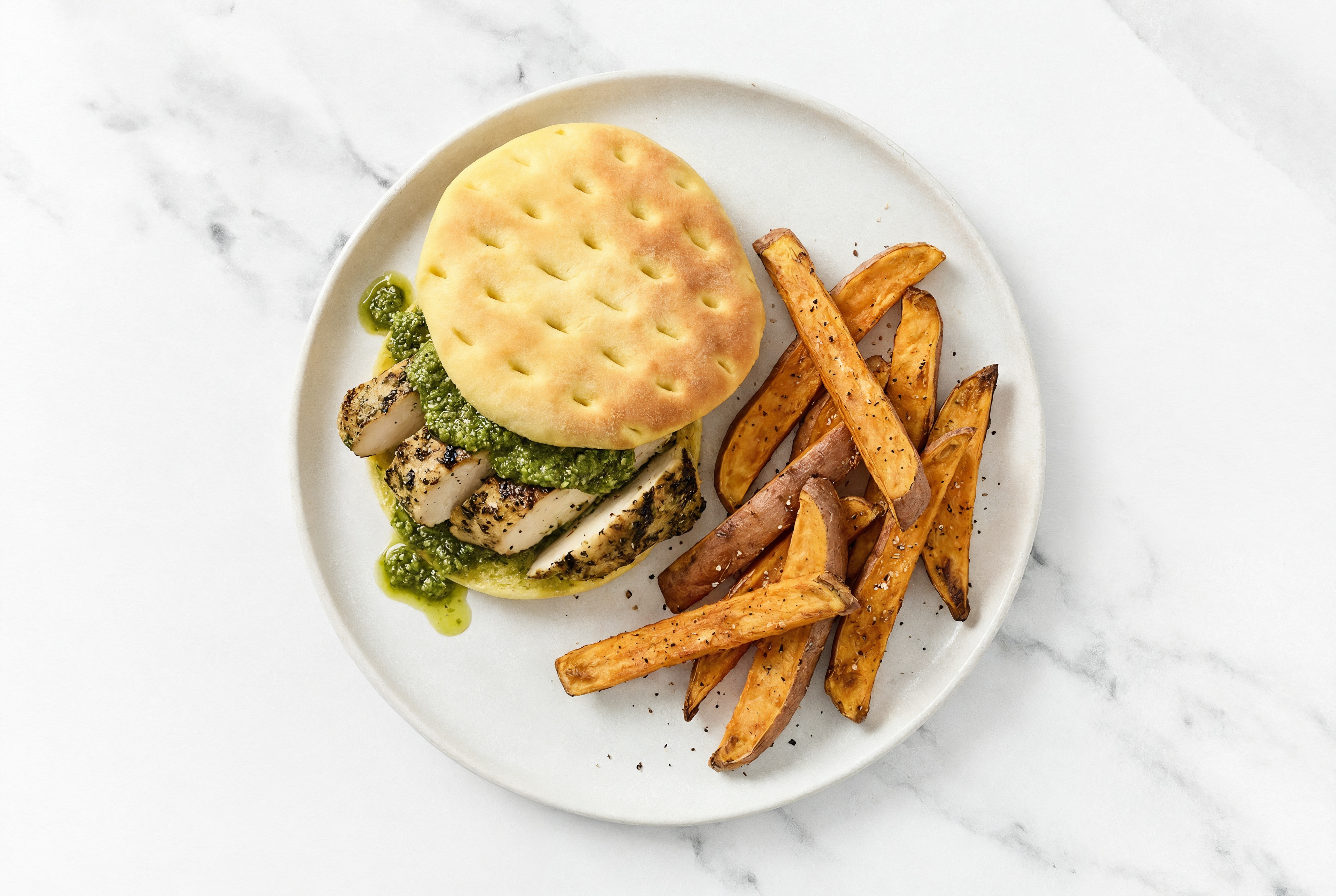  Basil Pesto Mediterranean Grilled Chicken Breast Sandwich with Sweet Potato Fries
