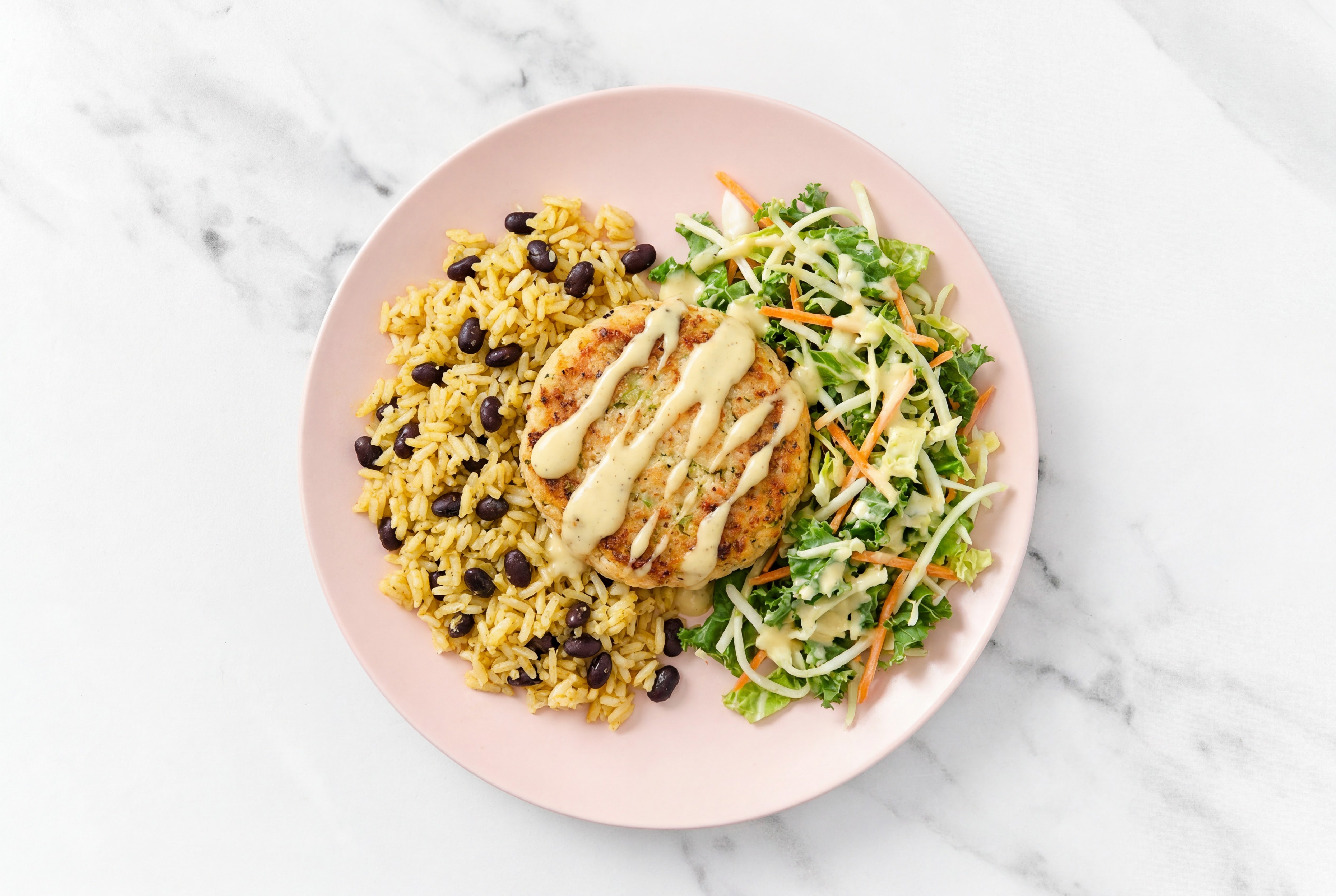 Snow Crab Cakes with Veggies + Rice with Beans