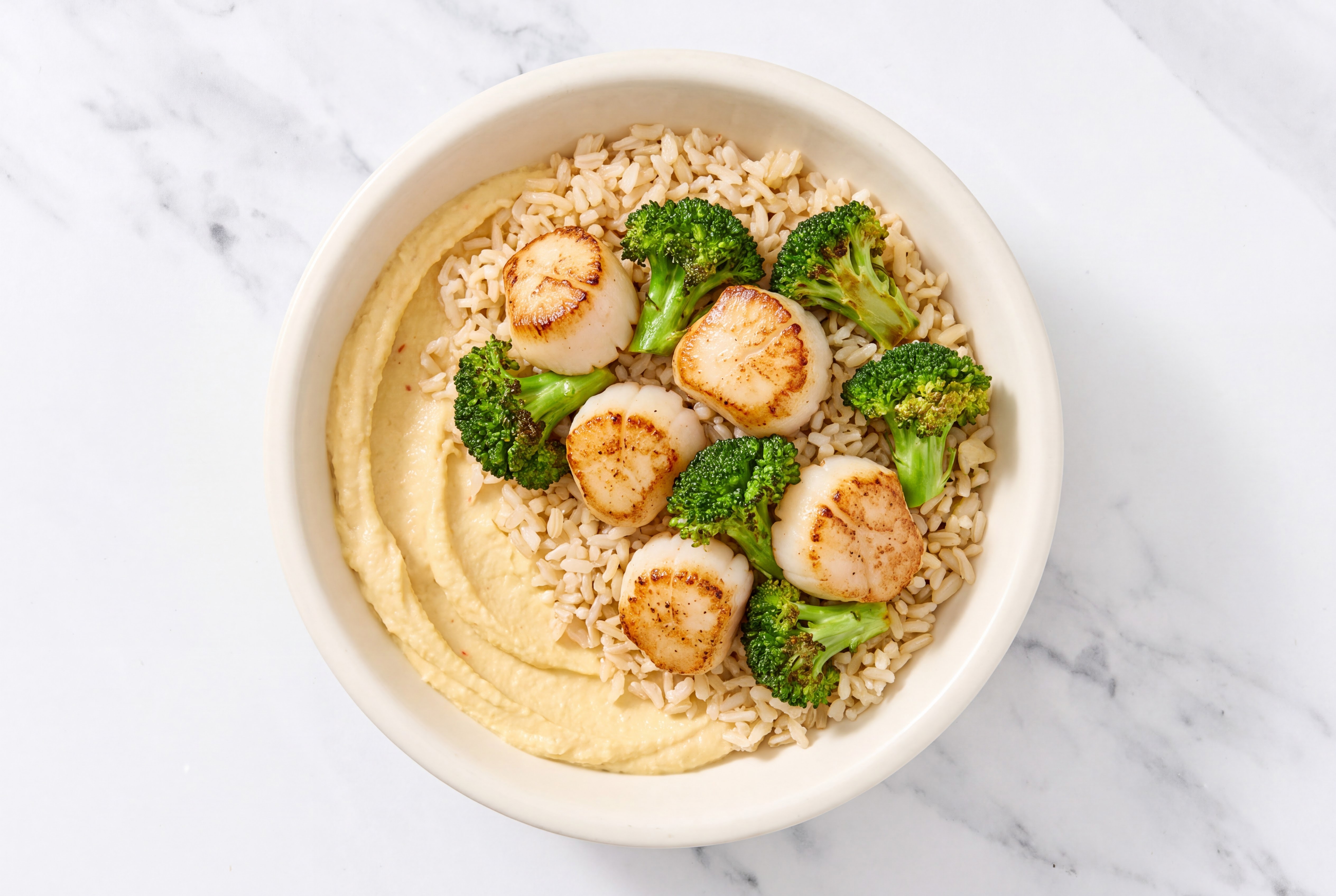 Scallop & Broccoli Grain Bowl with Lemon Garlic Hummus