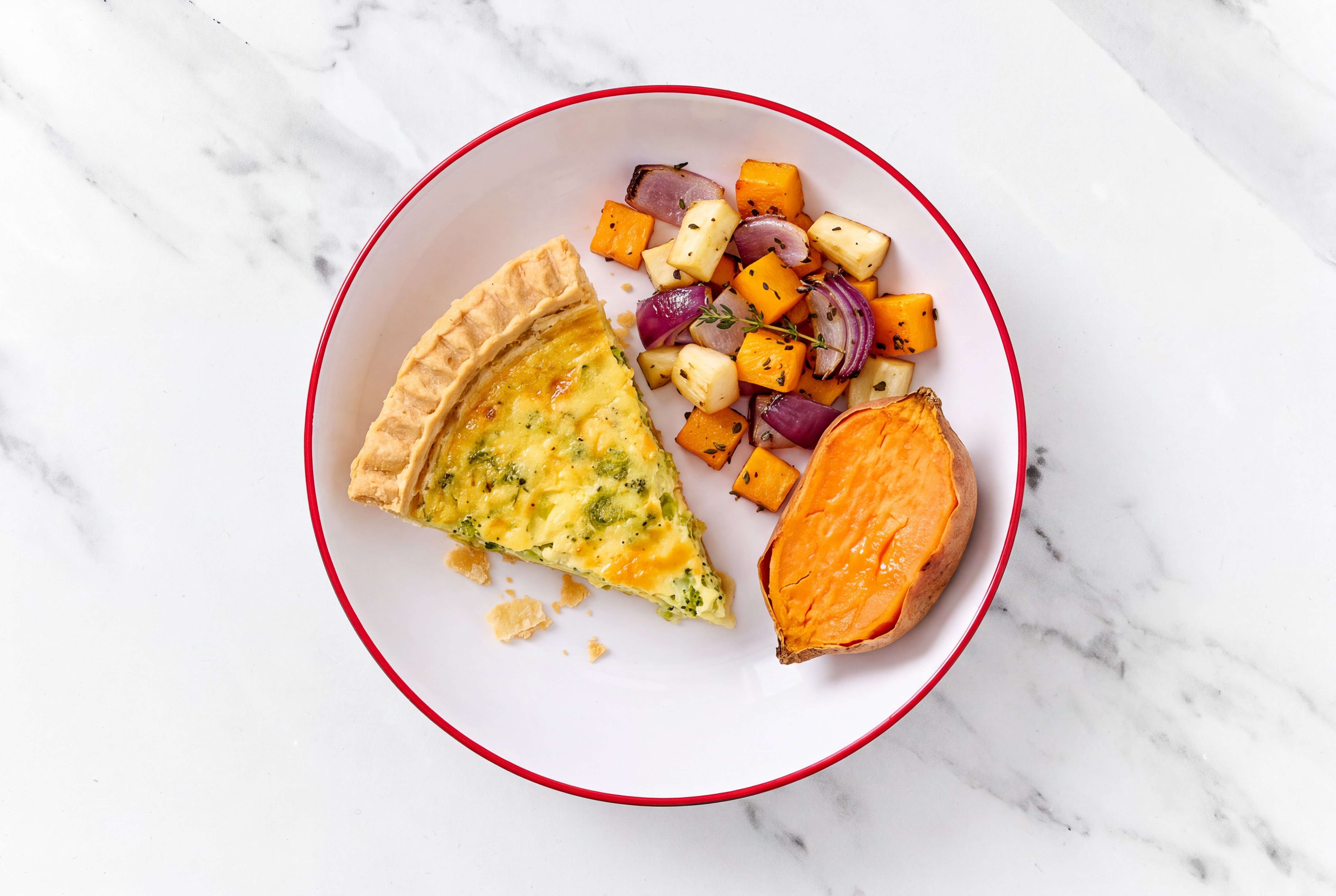 Broccoli & Cheddar Quiche with Roasting Veggies & Sweet Potato