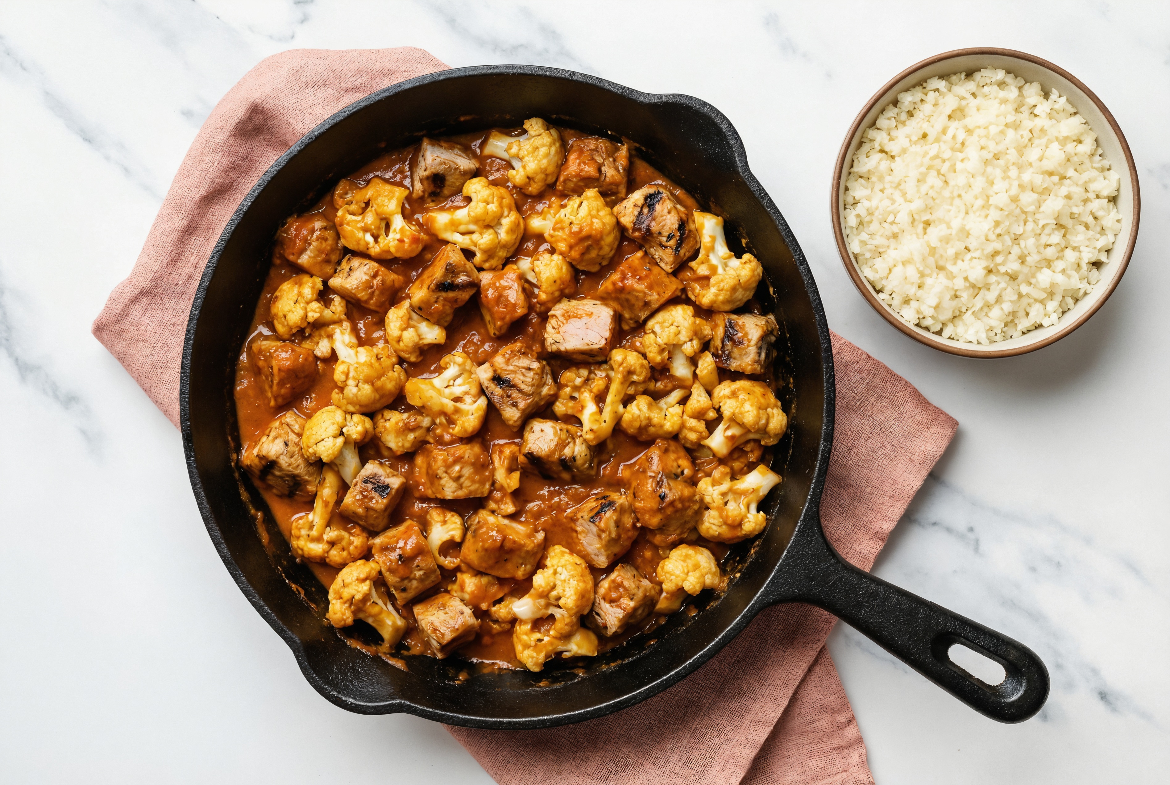 Tikka Masala Grilled Pork Tenderloin Stir-Fry with Cauliflower over Riced Cauliflower