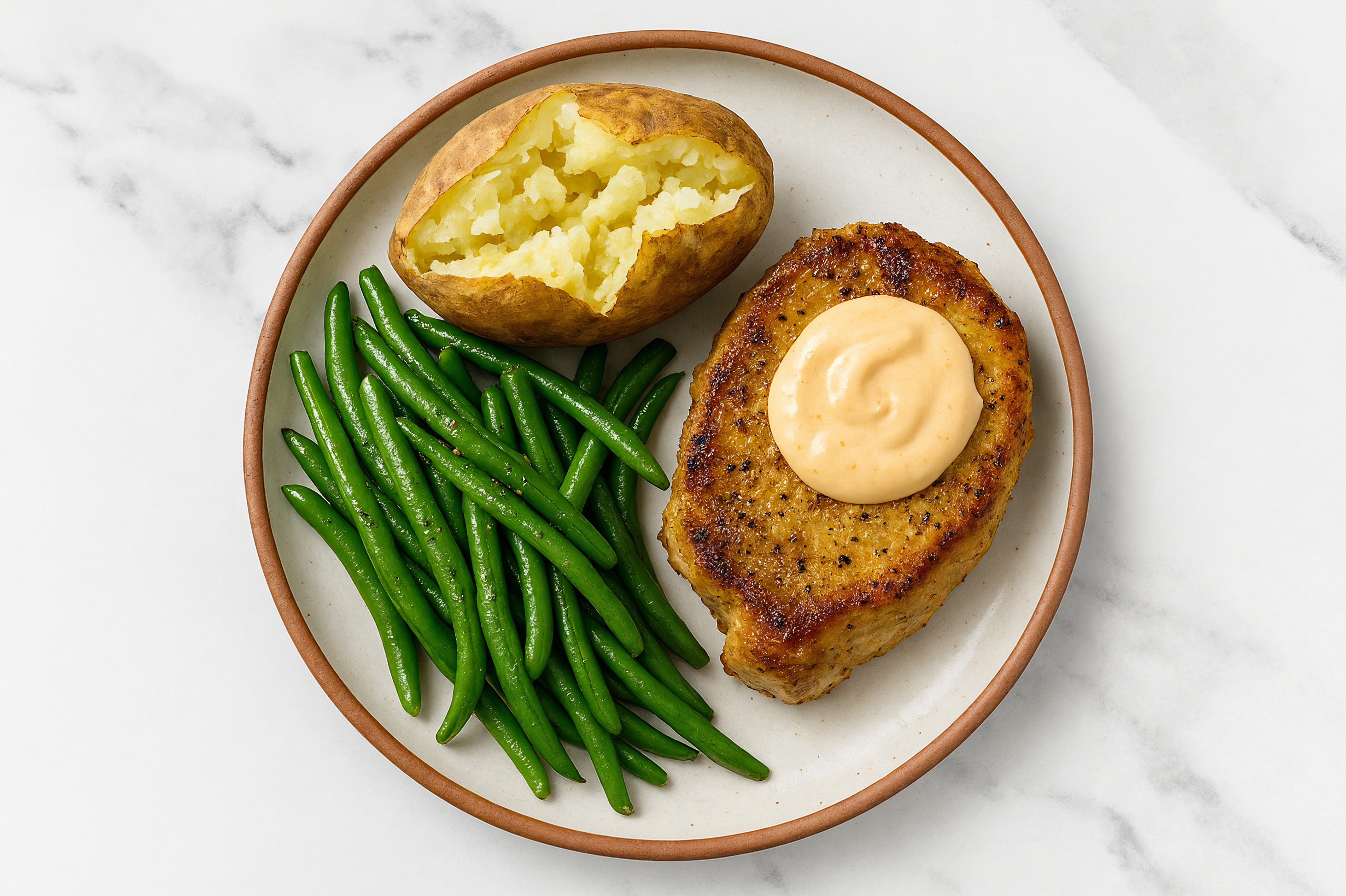 Curry Pork Chops with Green Beans + Roasted Russet Potatoes