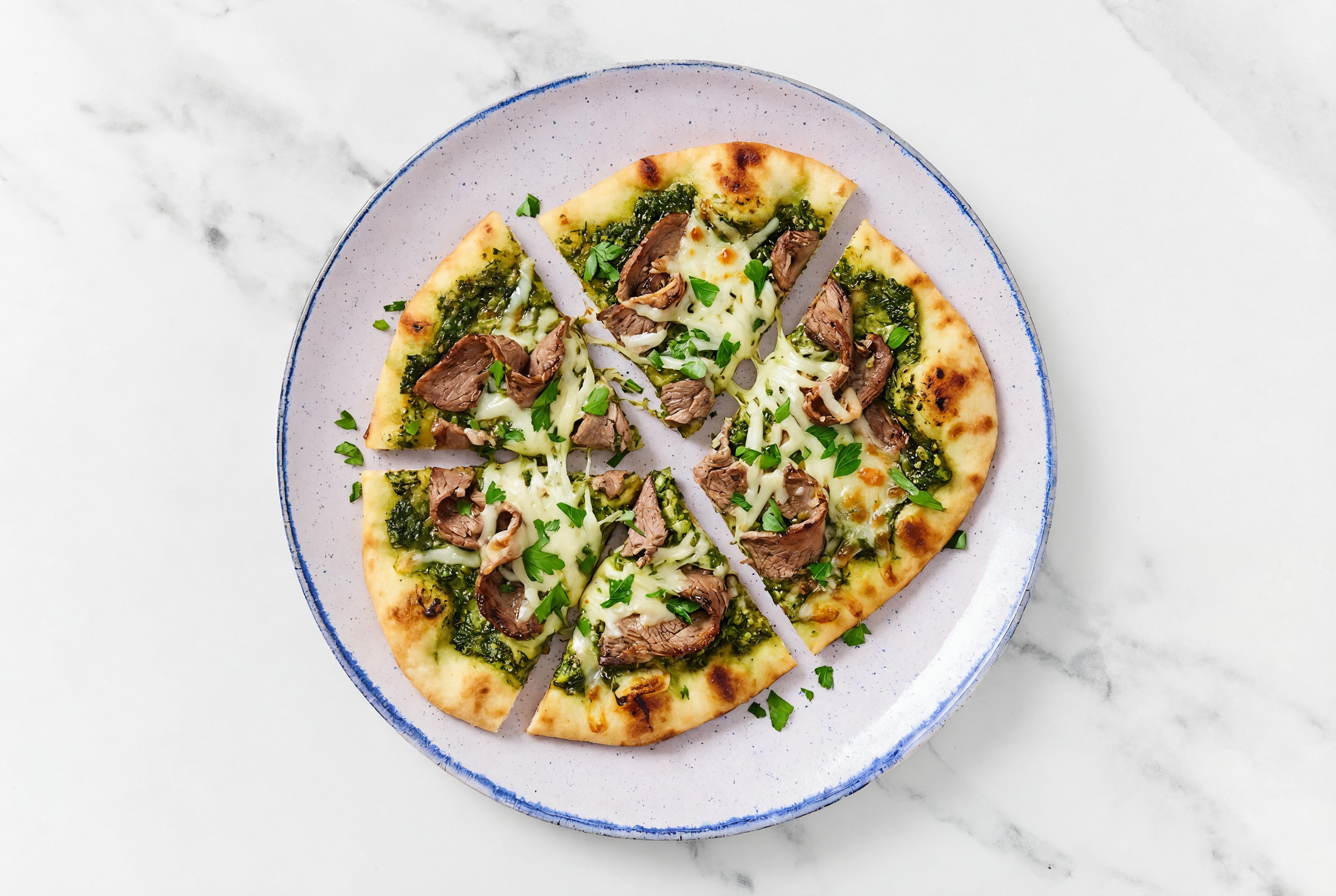 Super Green Shaved Steak Naan Pizza with "Mozzarella" + Fresh Parsley
