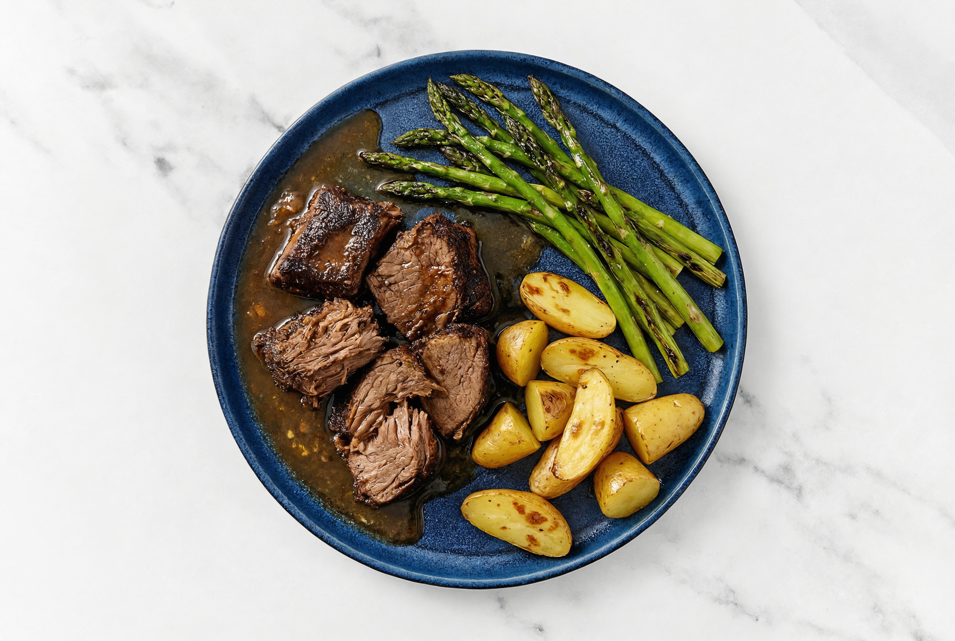 Beef Short Ribs with Fingerling Potatoes + Asparagus