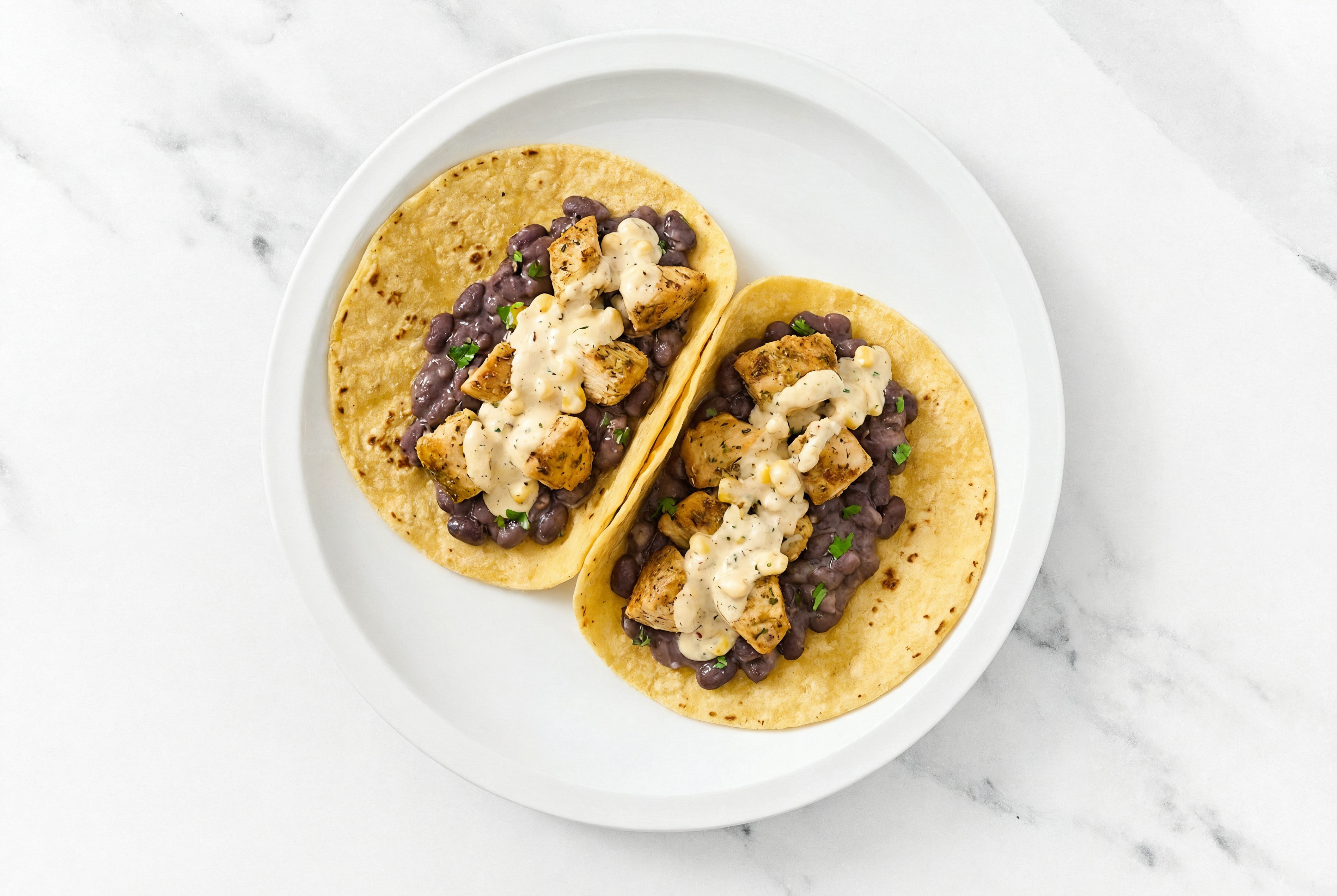 Garlic Chicken Tacos with Street Corn + Wheat Tortillas Sauce & Spiced Beans