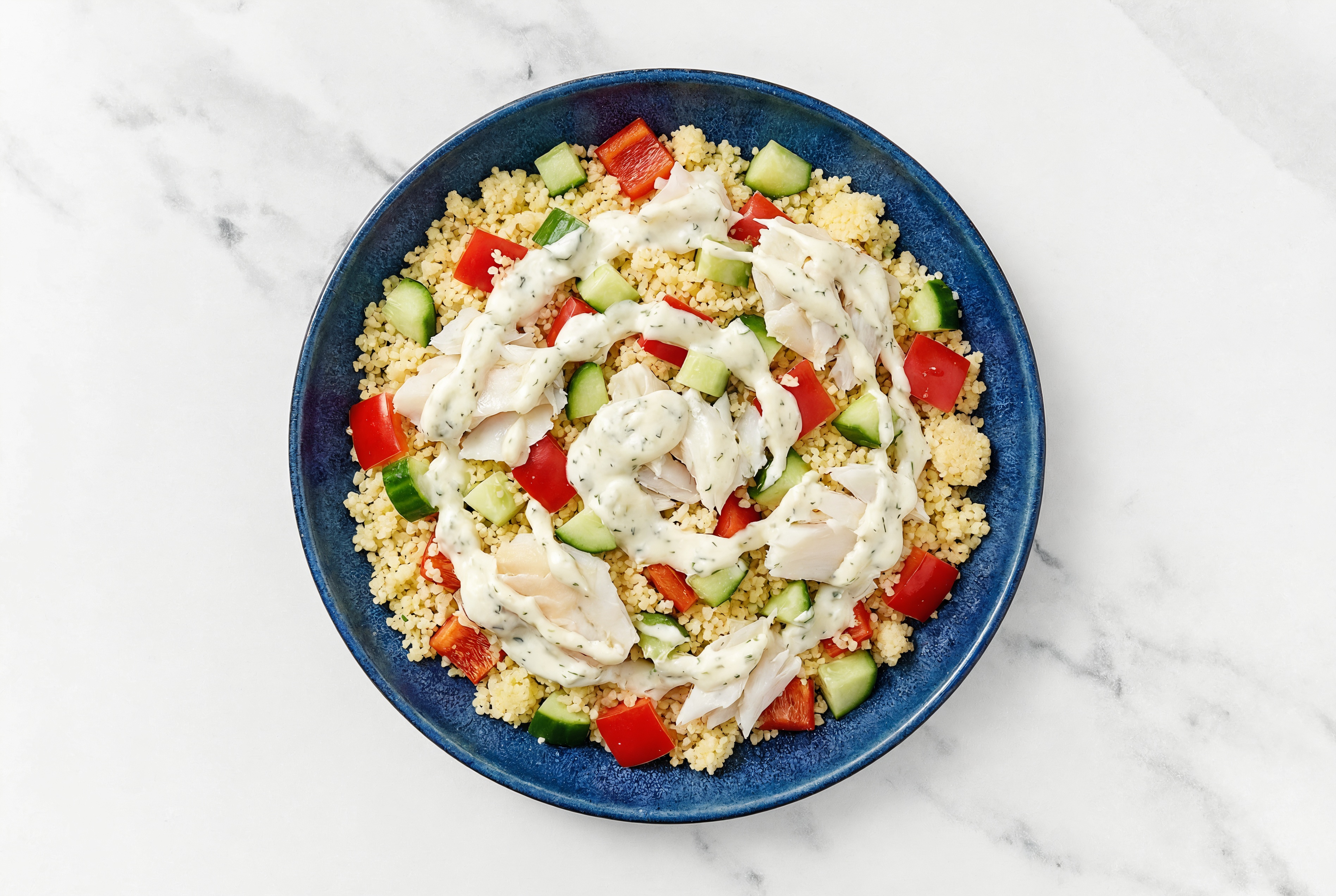 Seared Halibut Steak + Tzatziki Veggie Bliss Bowl with Red Bell Pepper