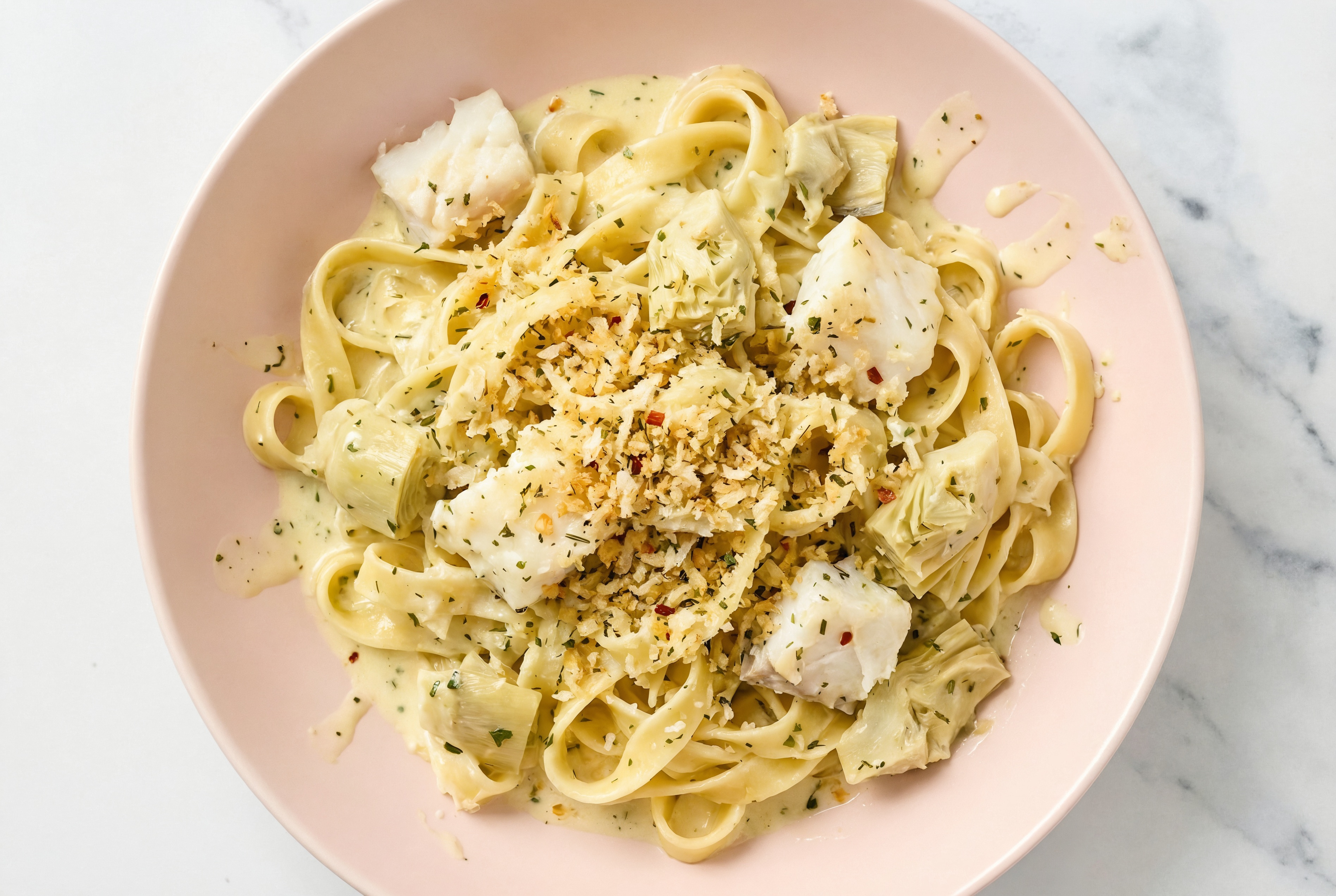 Herby Halibut Tagliatelle with Artichoke Hearts + Toasted Panko