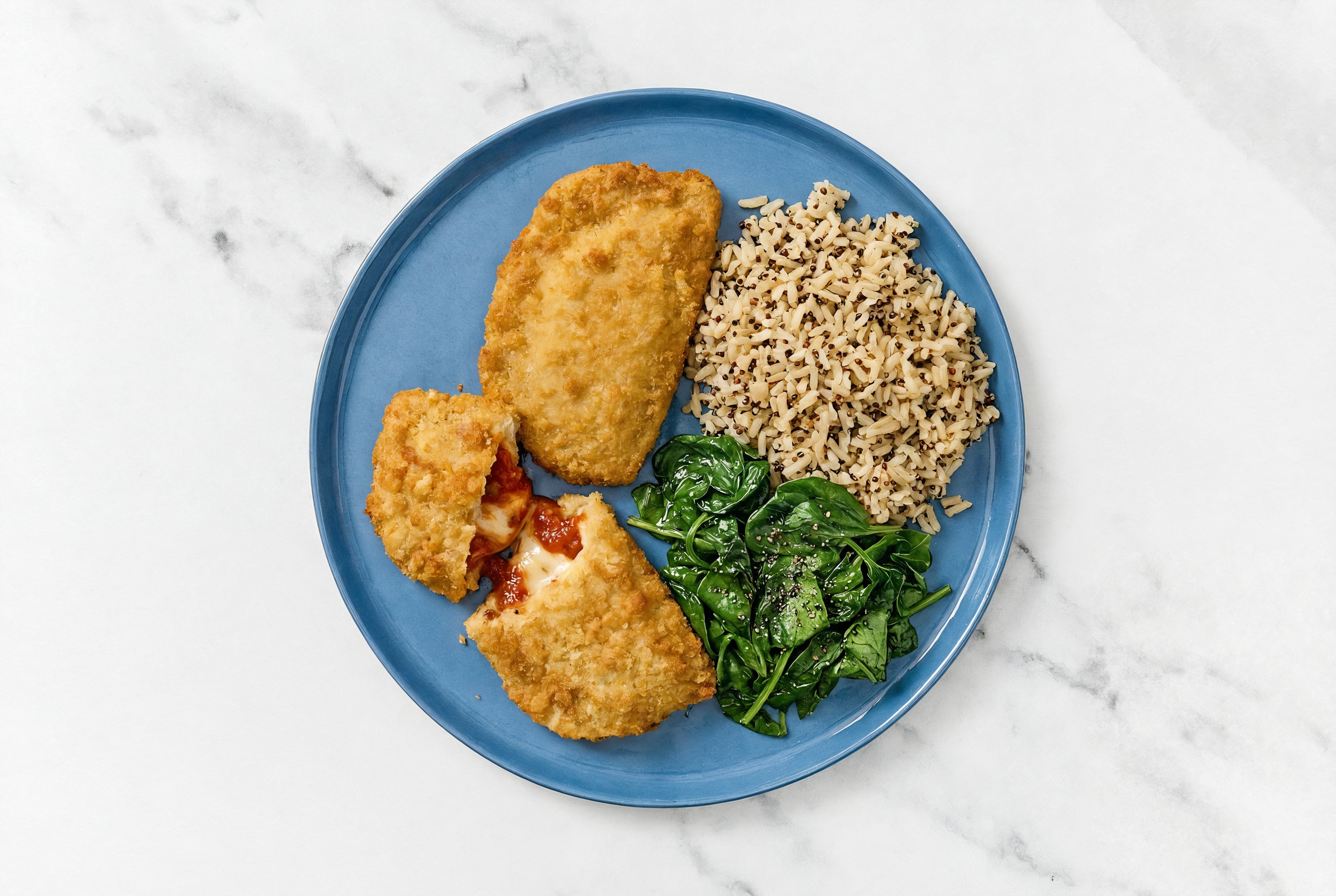 "Chicken" Parm with Baby Spinach & Quinoa Blend