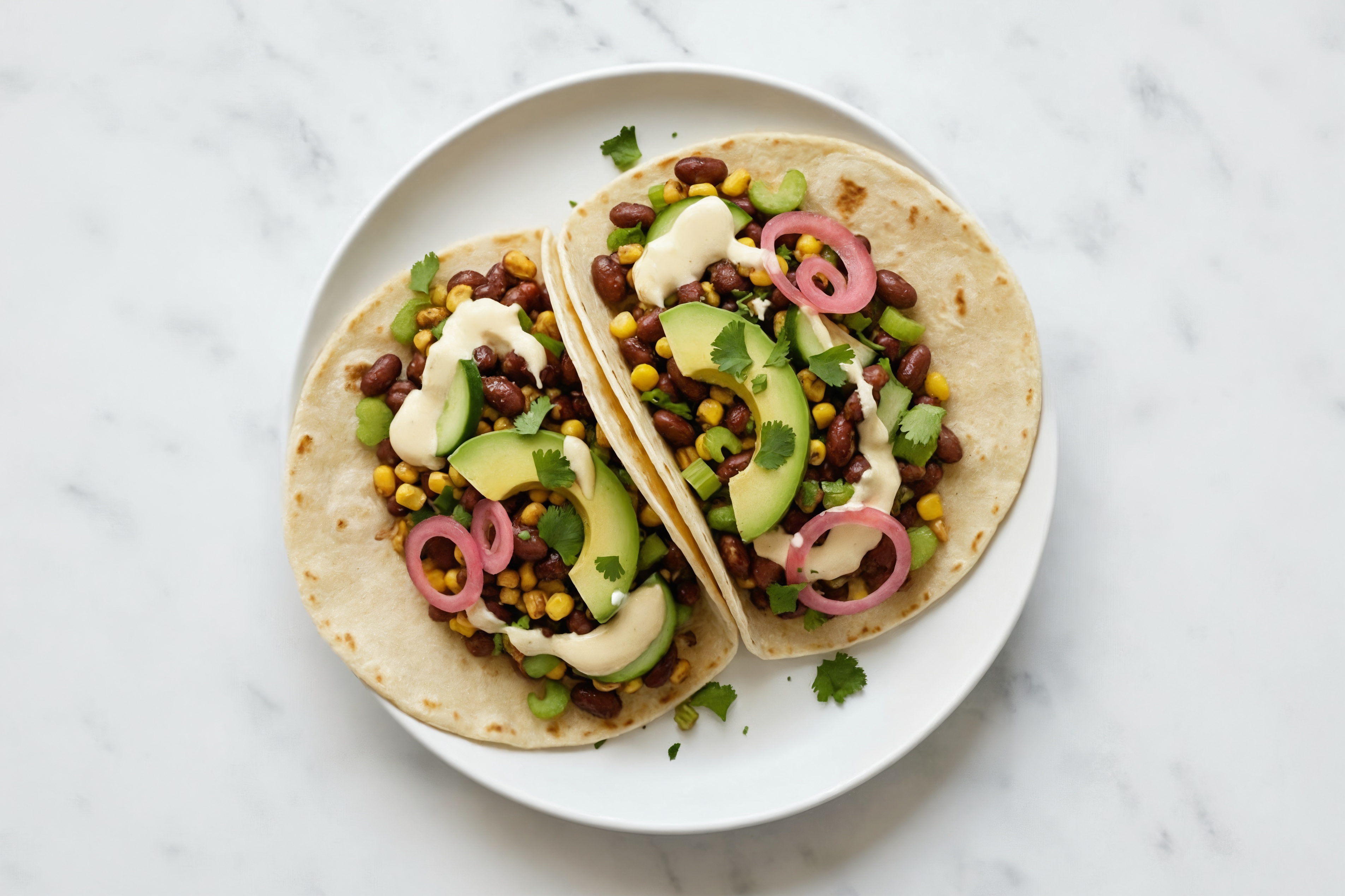 Cucumber Corn Black Bean Queso Tacos