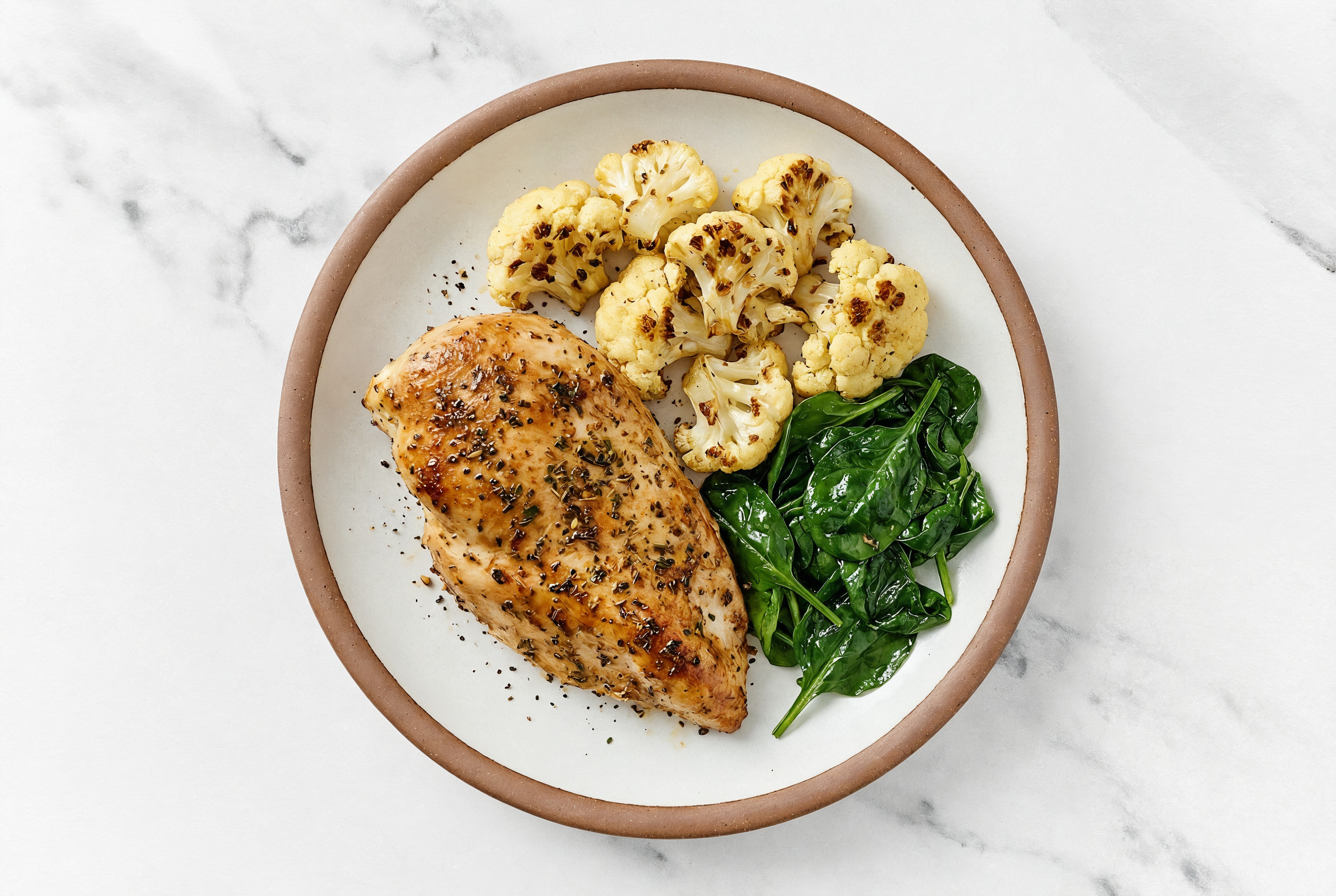 Herby Garlicky Chicken Breast + Roasted Cauliflower with Baby Spinach