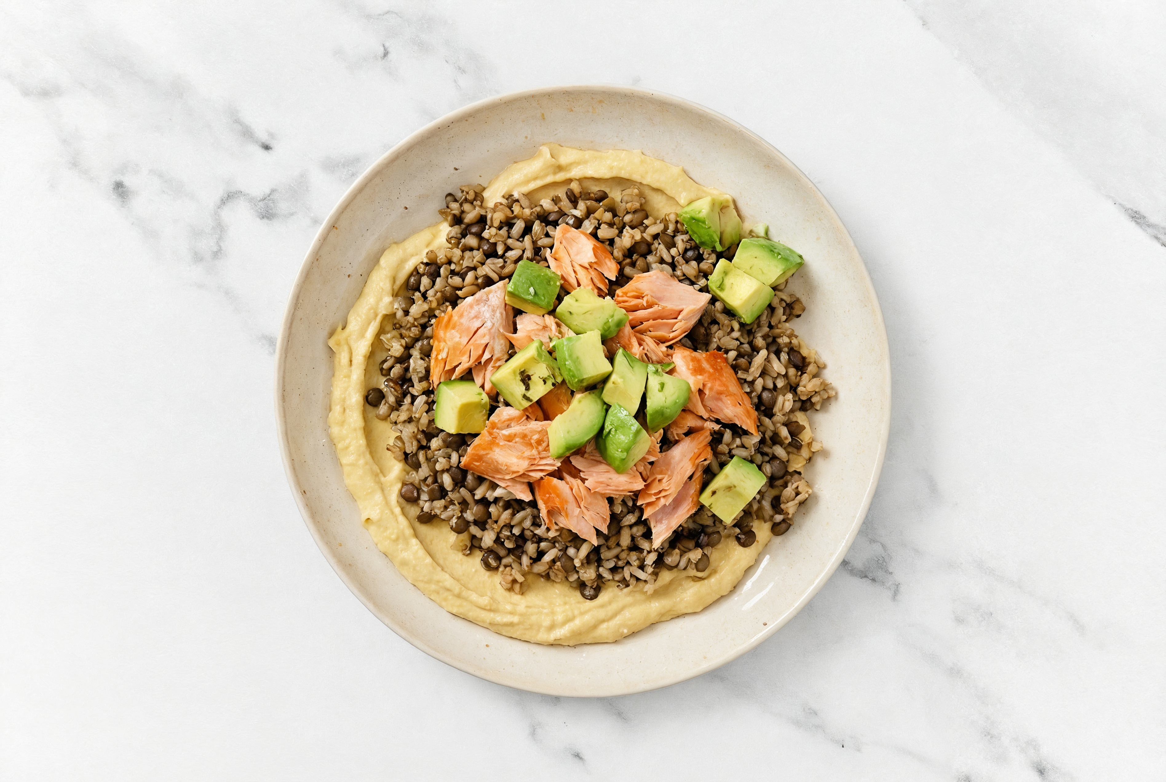 Sockeye Salmon & Avocado Grain Bowl with Onion Hummus