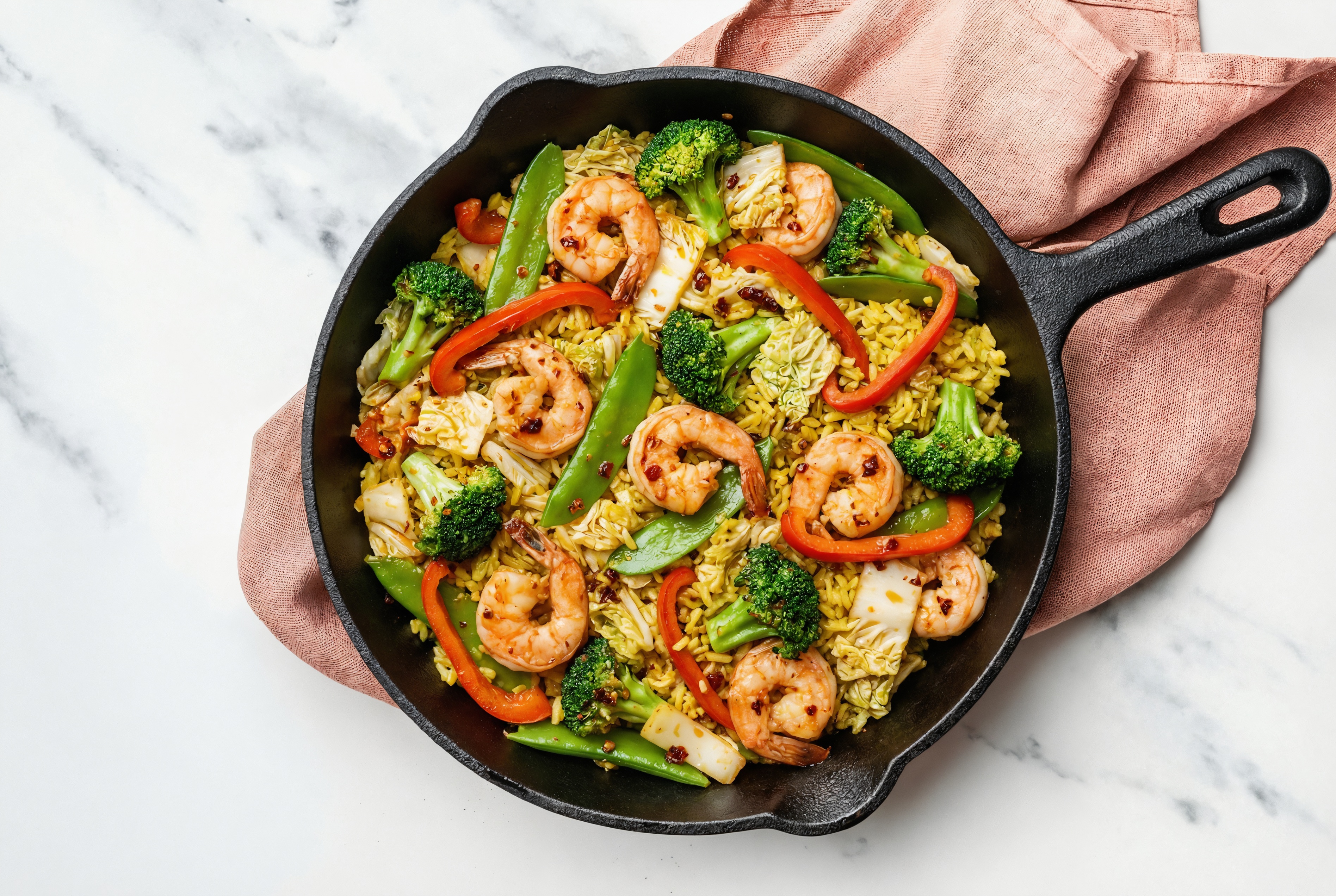 Chili Crisp Shrimp with Bok Choy Mix + Bell Organic Pepper over Chicken & Herb Rice