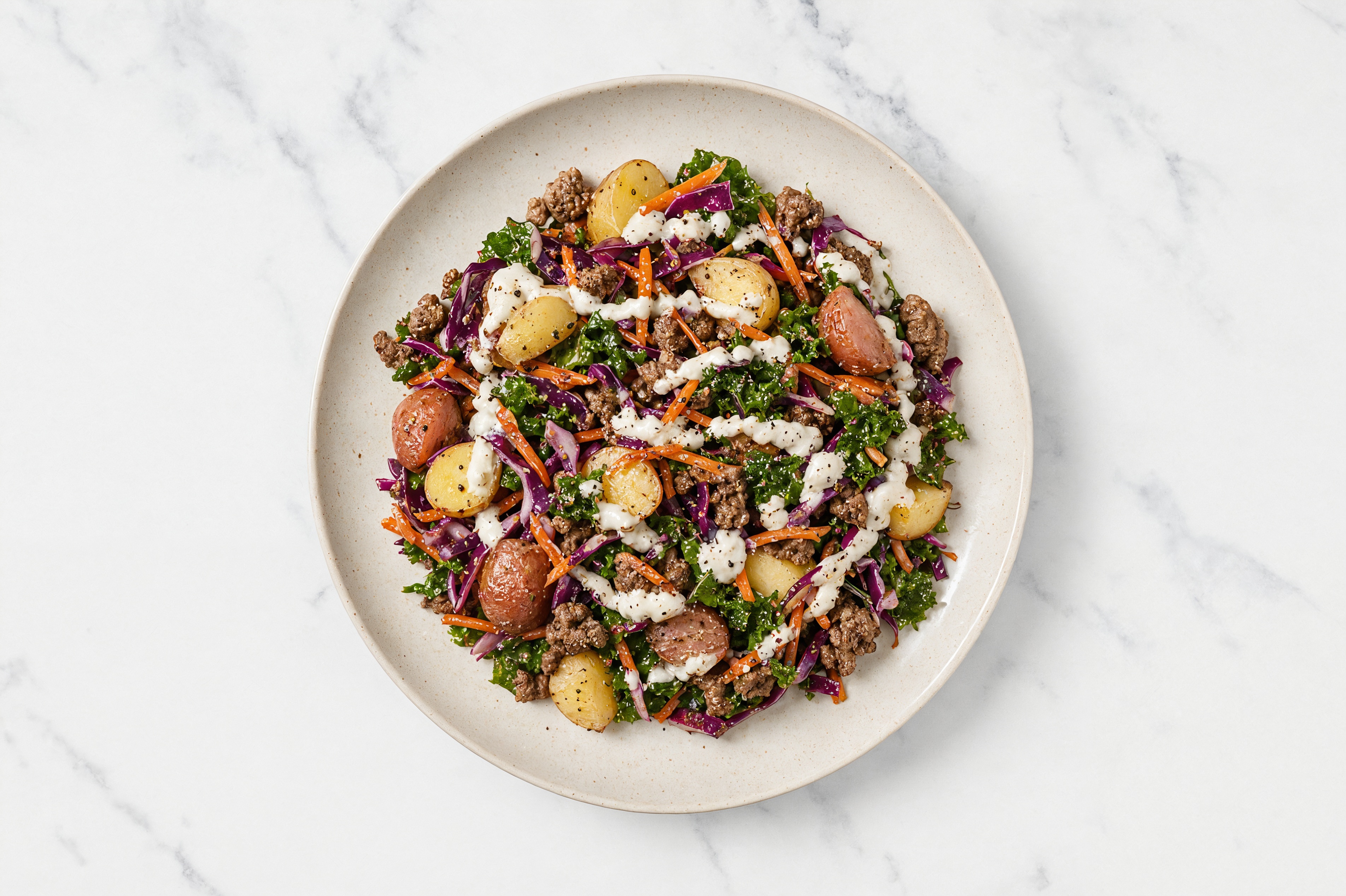 Rainbow Veggie Ground Beef Bowl with Organic Vegan Ranch Dressing + Multicolored Creamer Potatoes
