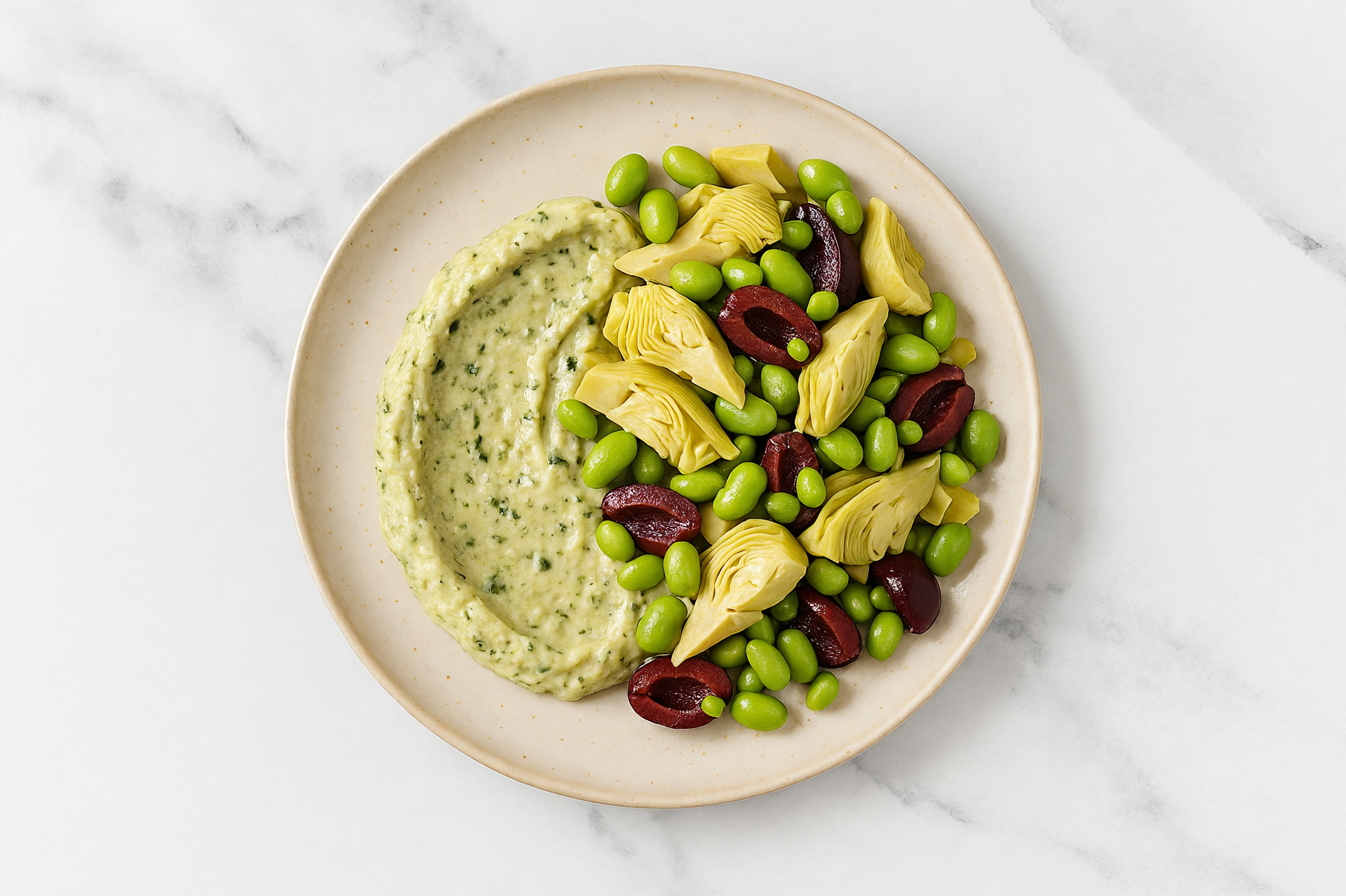 Olive Artichoke Edamame Bowl over Spinach Artichoke Dip