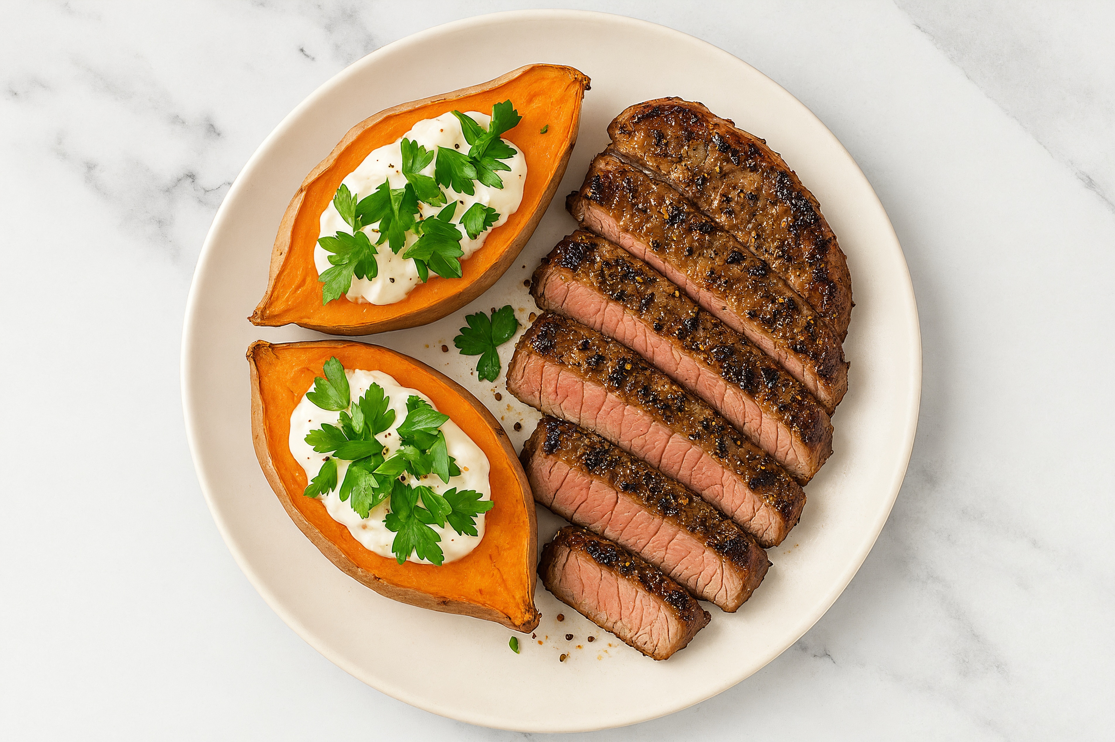 Seared Strip Beef NY Steak + Loaded Baked Sweet Potato