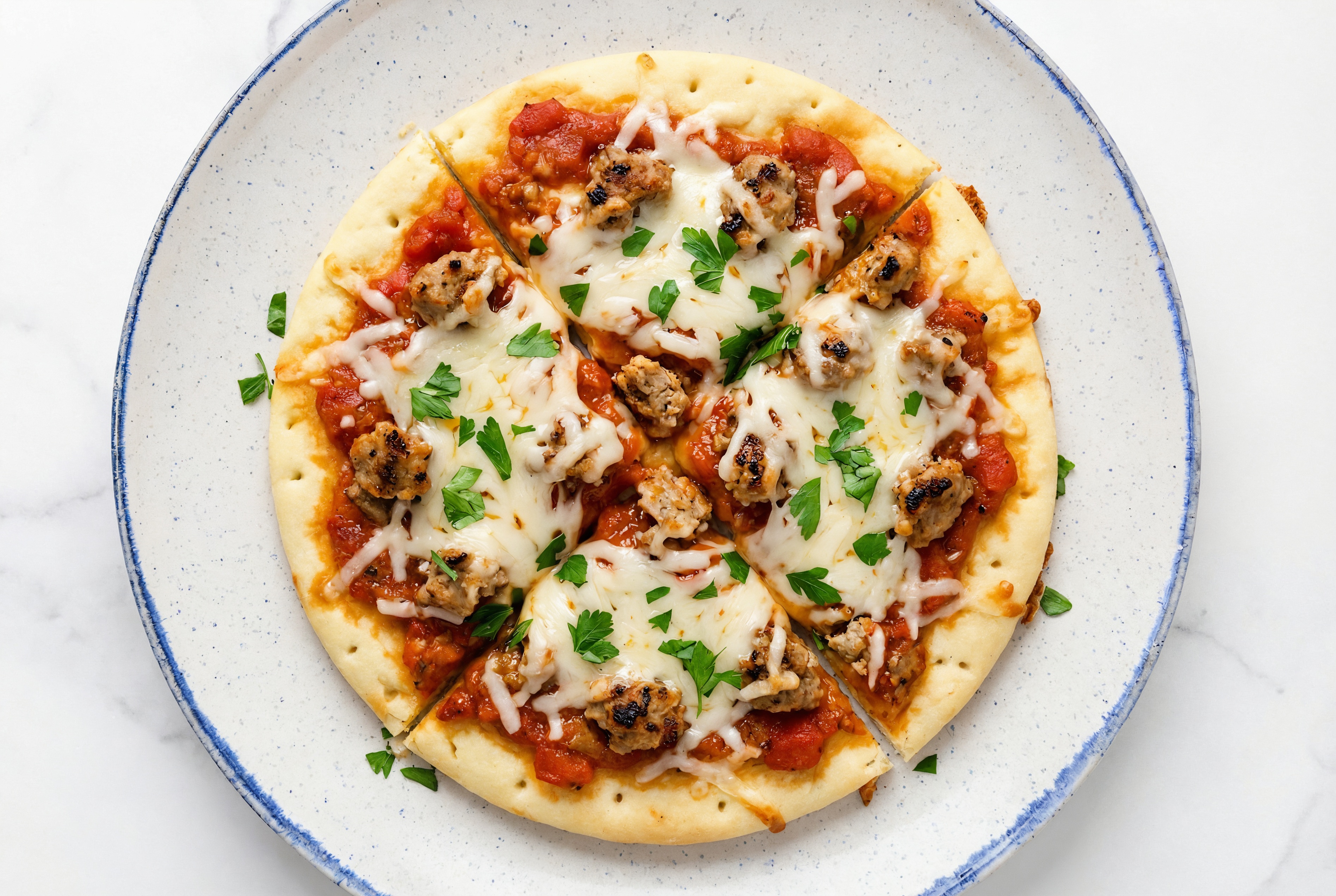 Red Sauce Spicy Turkey Pizza with "Mozzarella" + Fresh Parsley