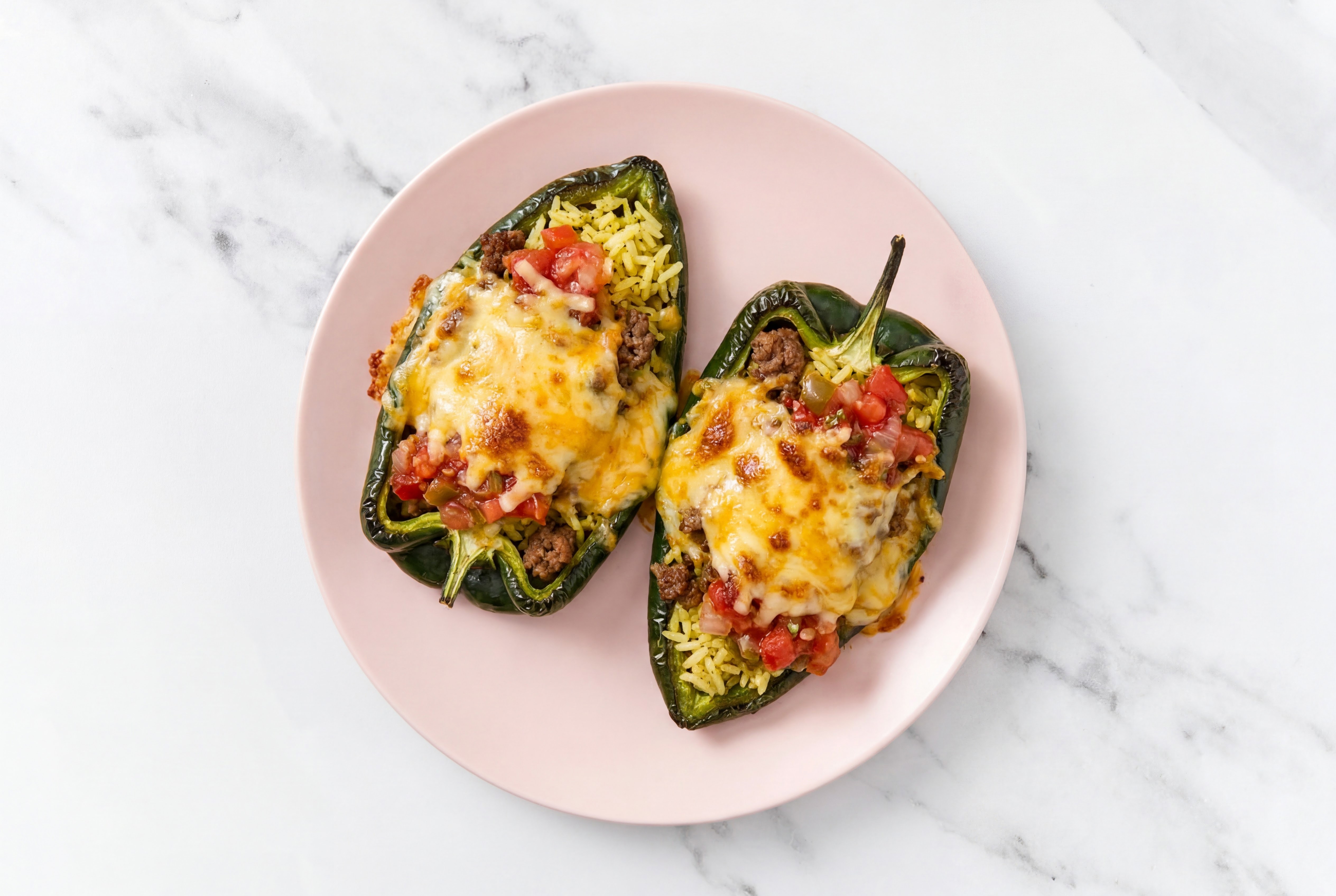 Hearty Cheesy BBQ Beef and Brisket Burger Stuffed Poblano Peppers
