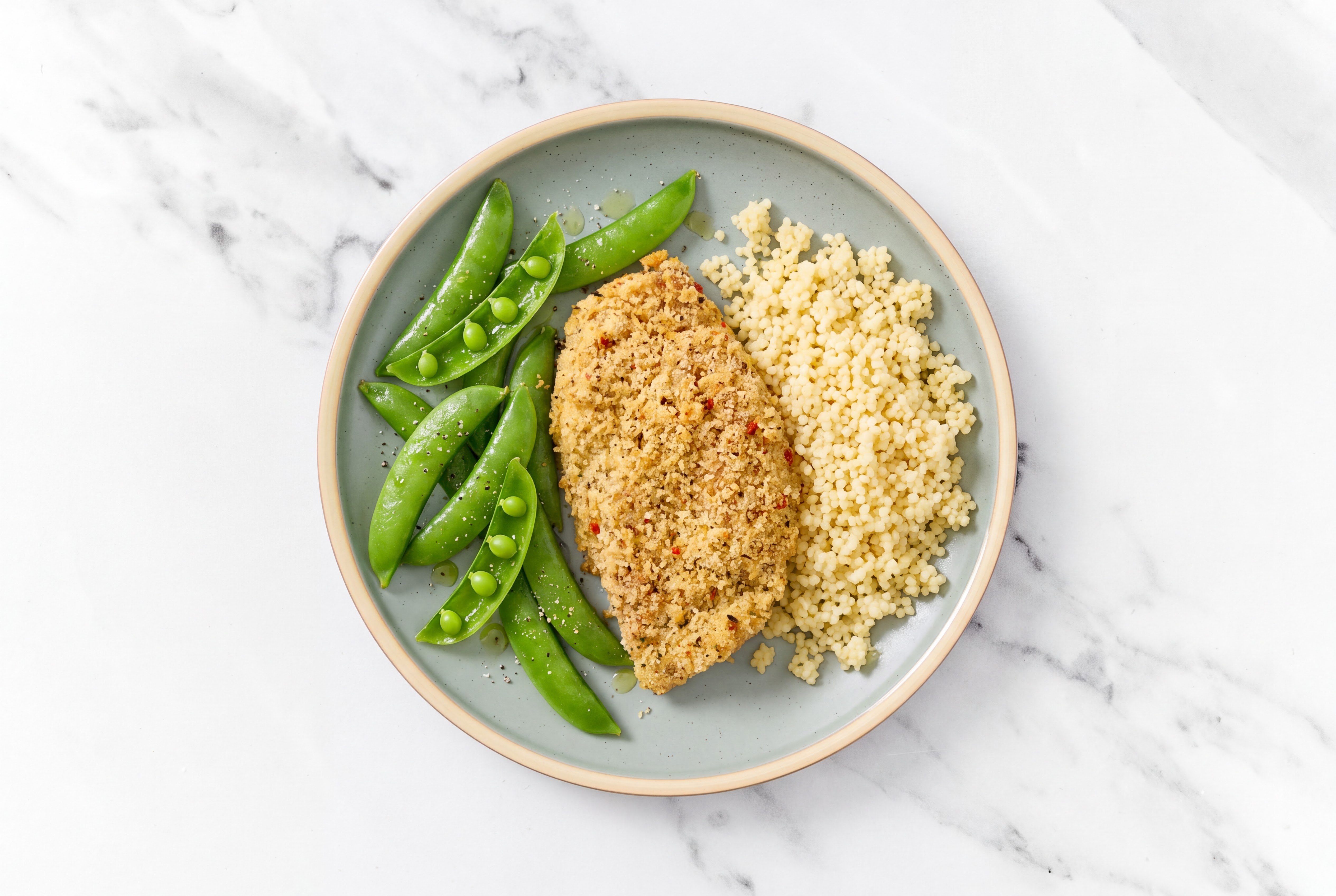 Parmesan Breaded Chicken Cutlet with Snap Peas & Couscous