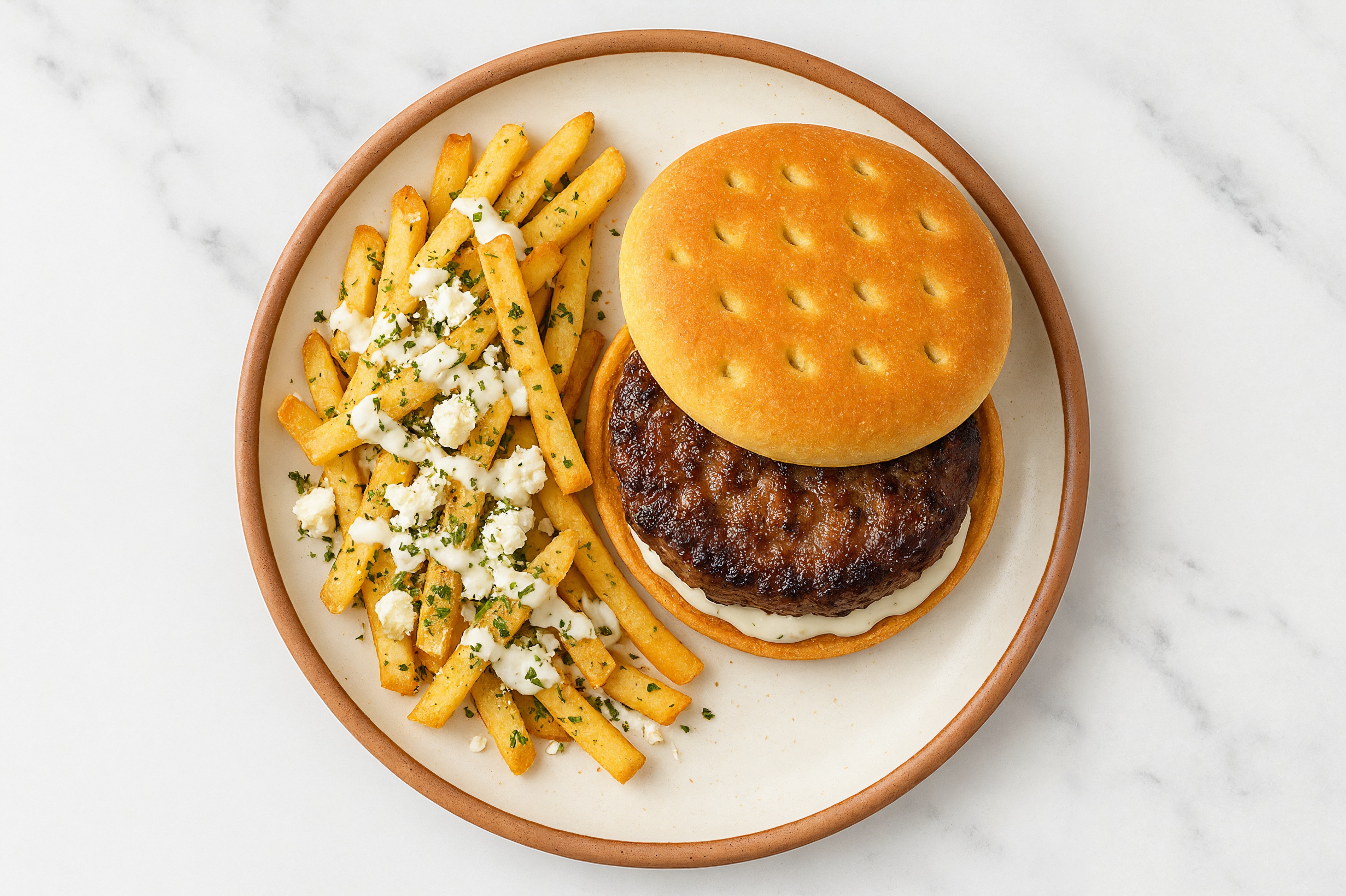 Creamy Garlic Tavern Burger + Loaded Feta Fries