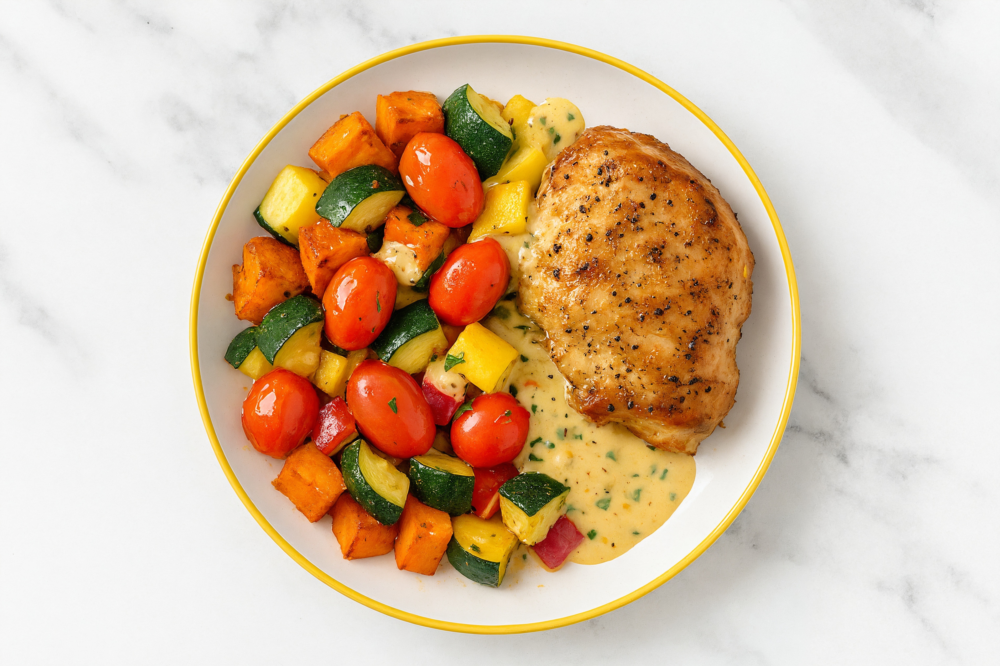 Sheet Pan Tahini-Chicken with Sweet Potatoes & Squash