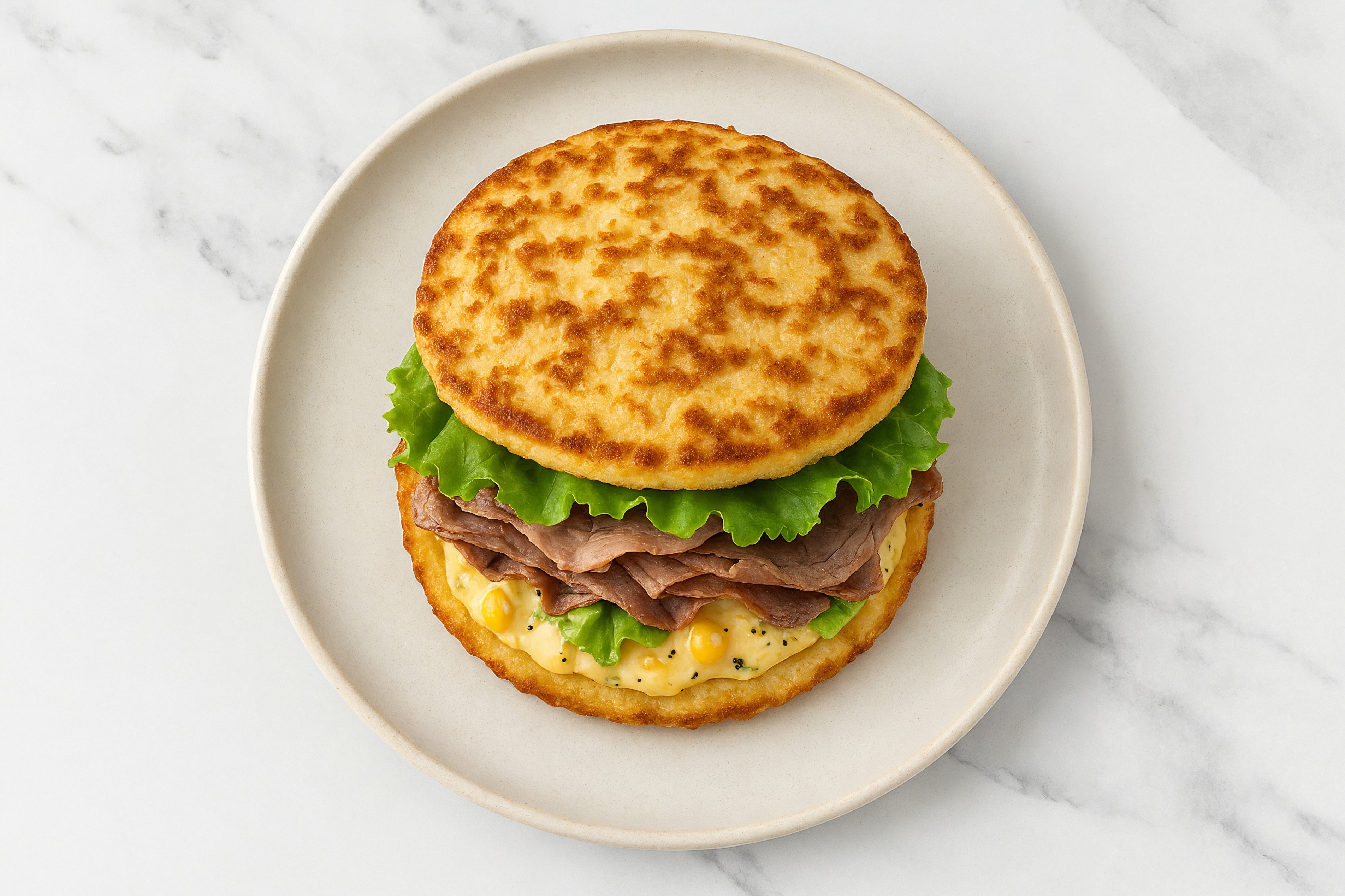 Street Corn Beef Steak Sandwich with Green Leaf Lettuce on Cauliflower Rounds