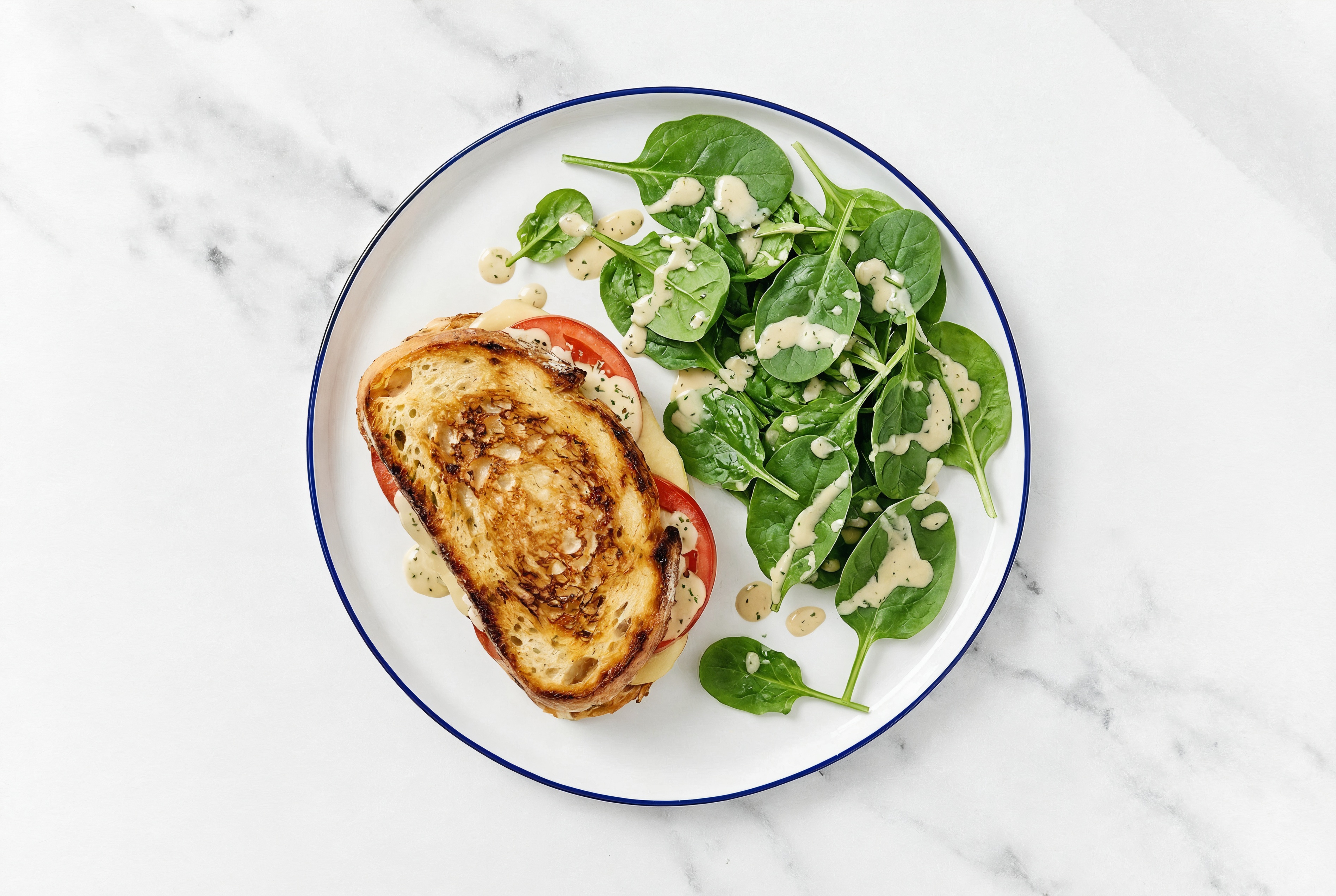 Hearty Bougie Beefsteak Tomato White Cheddar Grilled Cheese + Spinach Side Salad