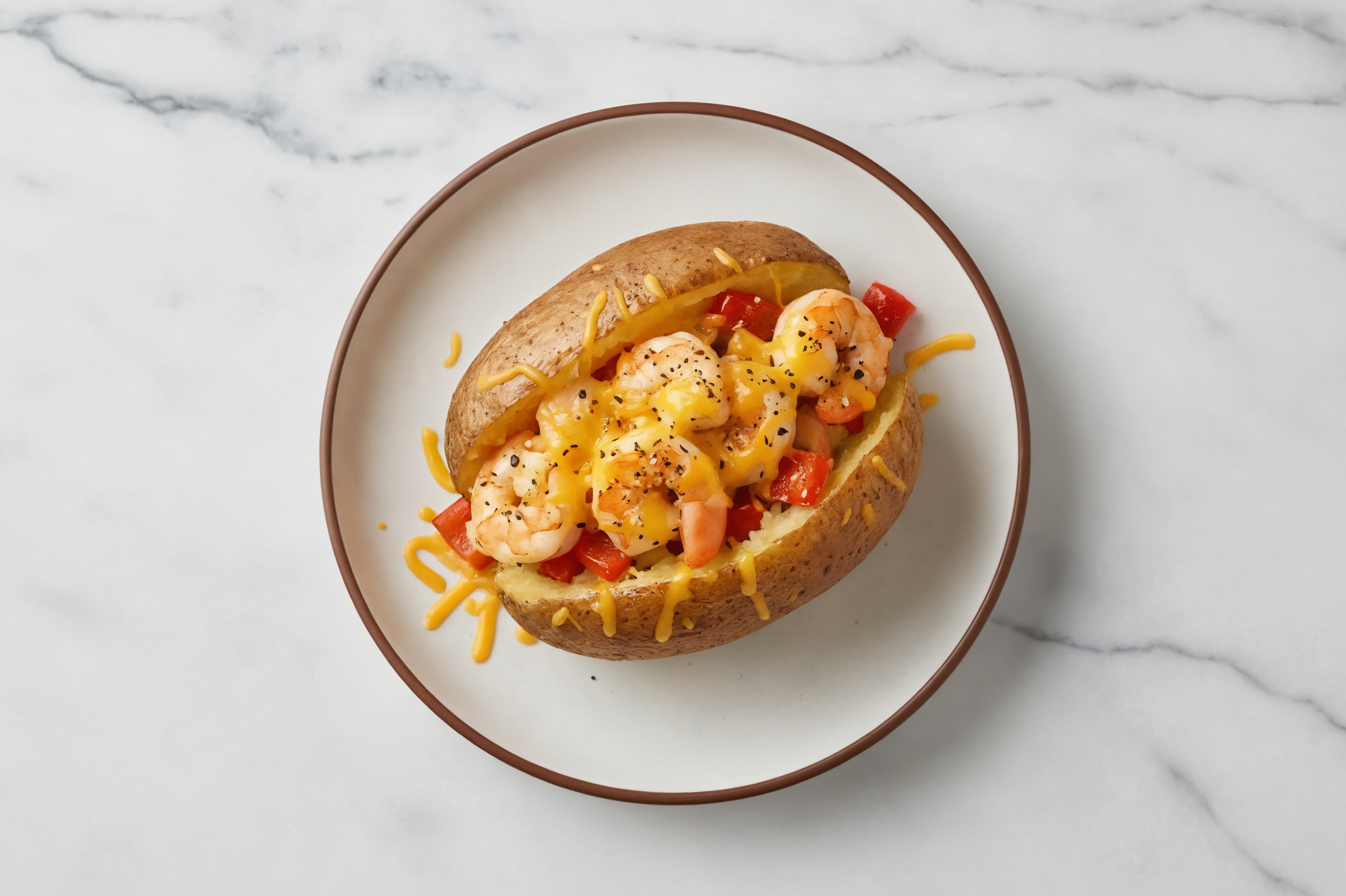 Jumbo Shrimp + Pepper Loaded Baked Potato with Shredded Sharp Cheddar Cheese