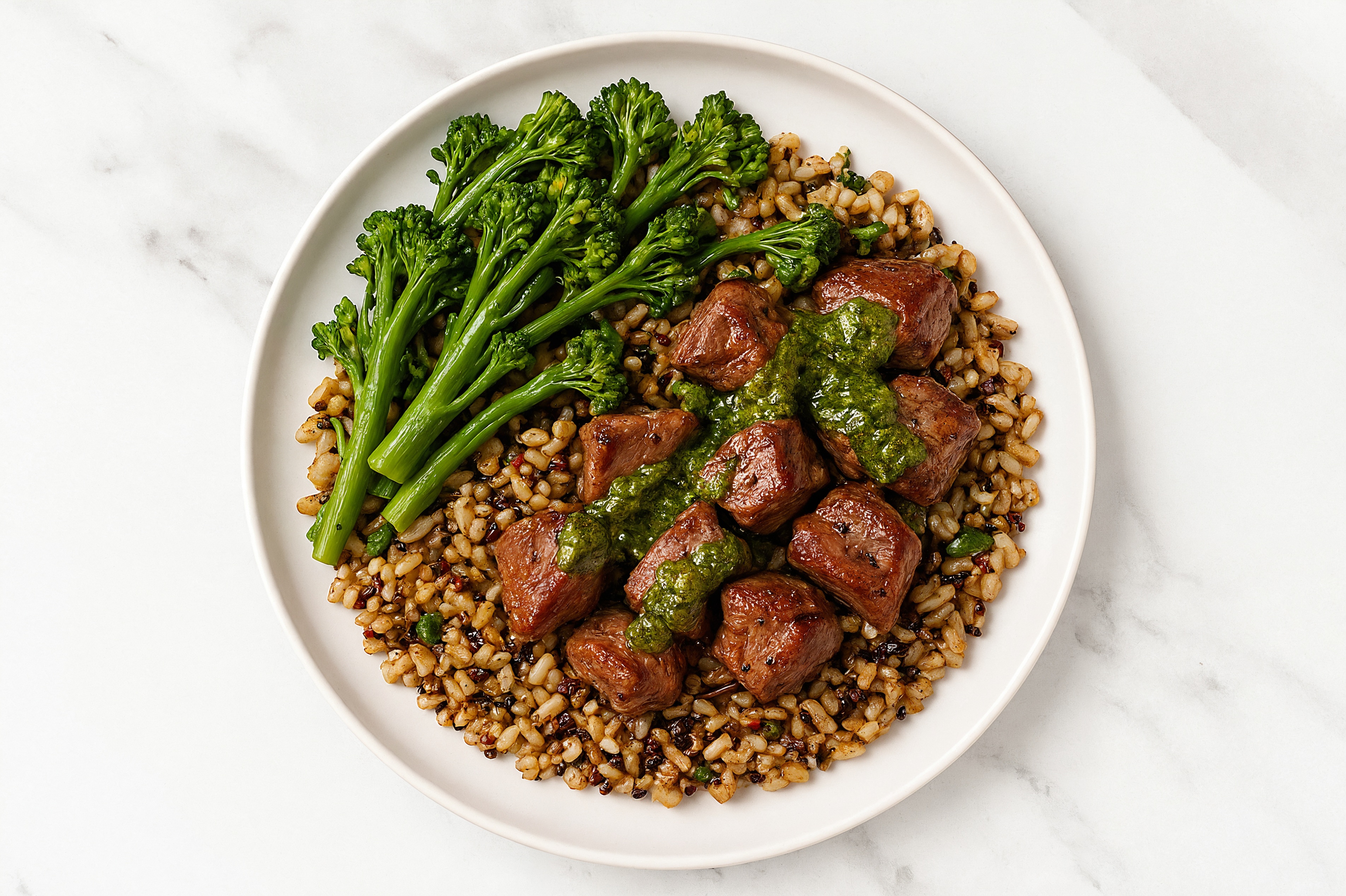 Pesto Seared Lamb + Seven Grain Bowl with Baby Broccoli