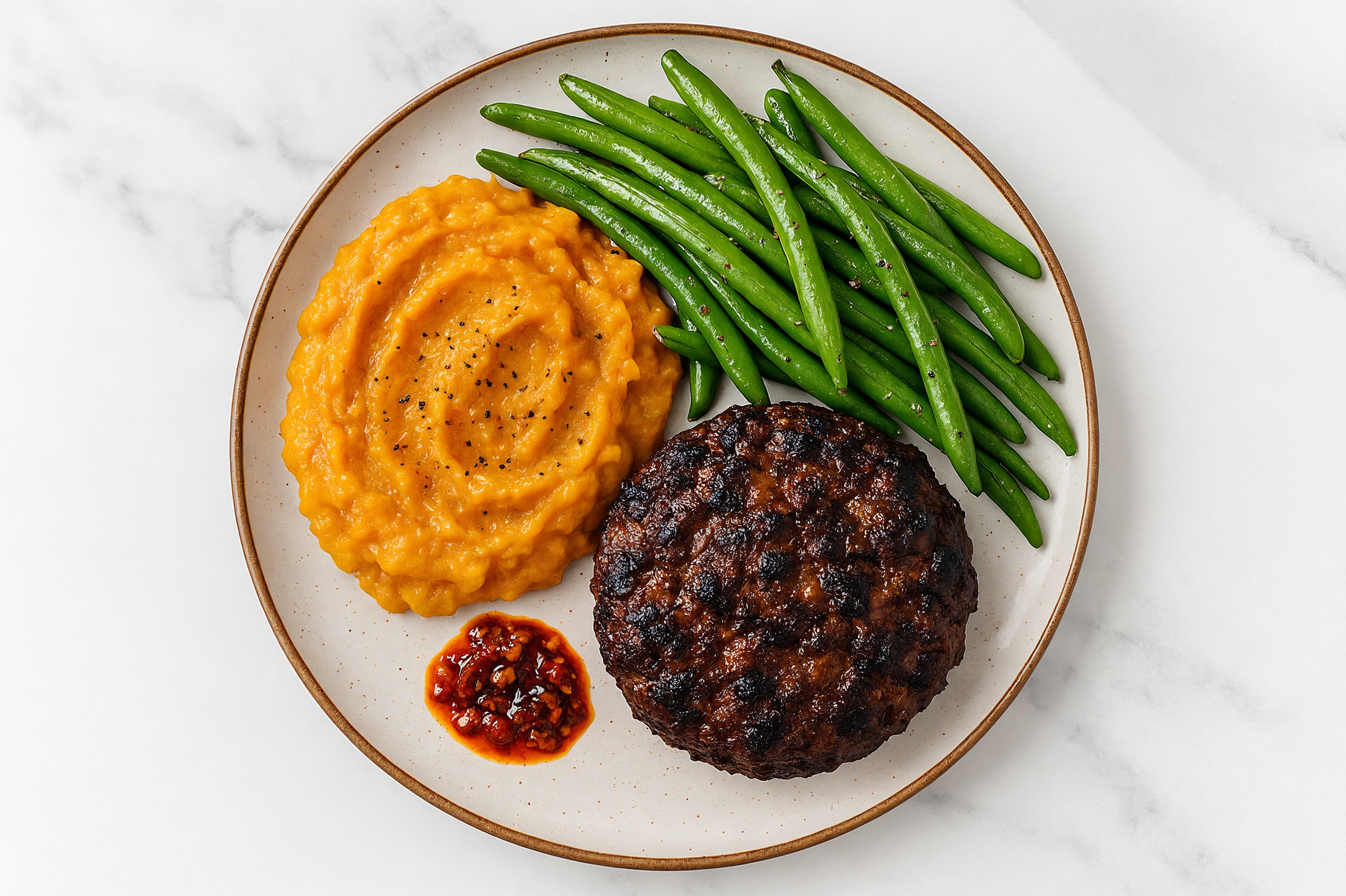 Chili Crisp Brisket Burgers with Mashed Sweet Potatoes + Green Beans