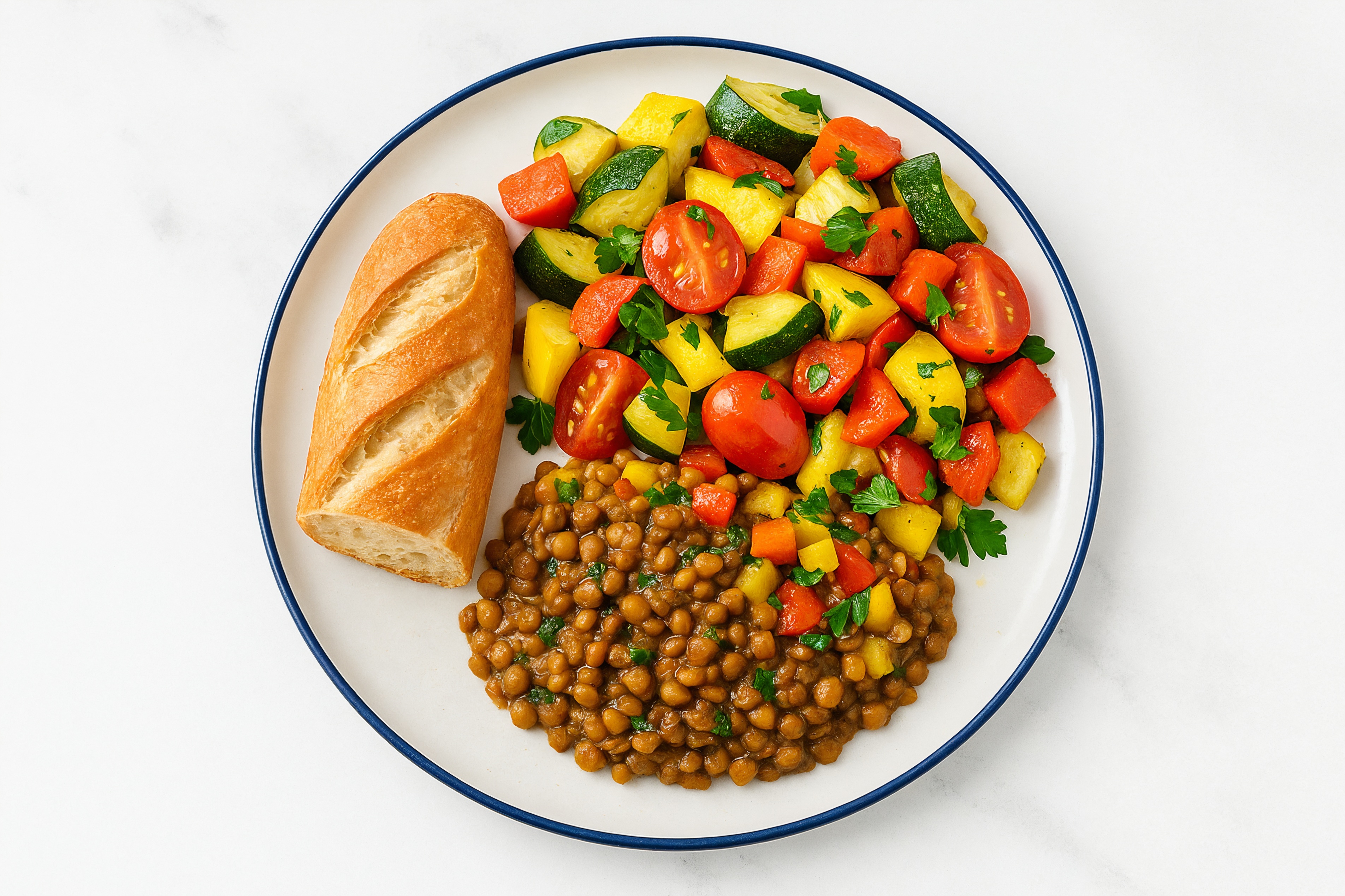 French Mirepoix Lentils with Squash Skillet + Baguette