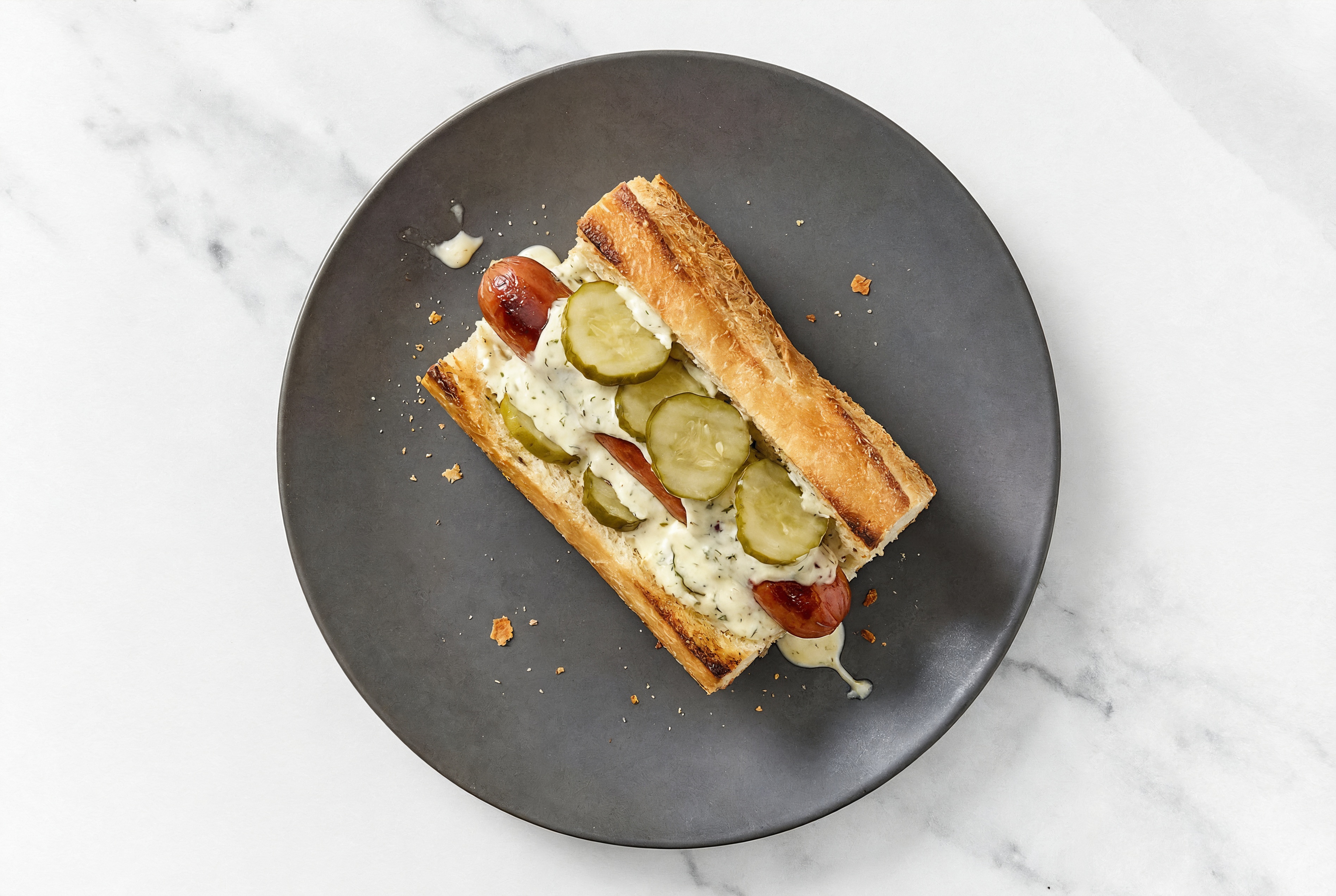 Pickle Beef Hot Dog with Garlic Sauce on Baguette