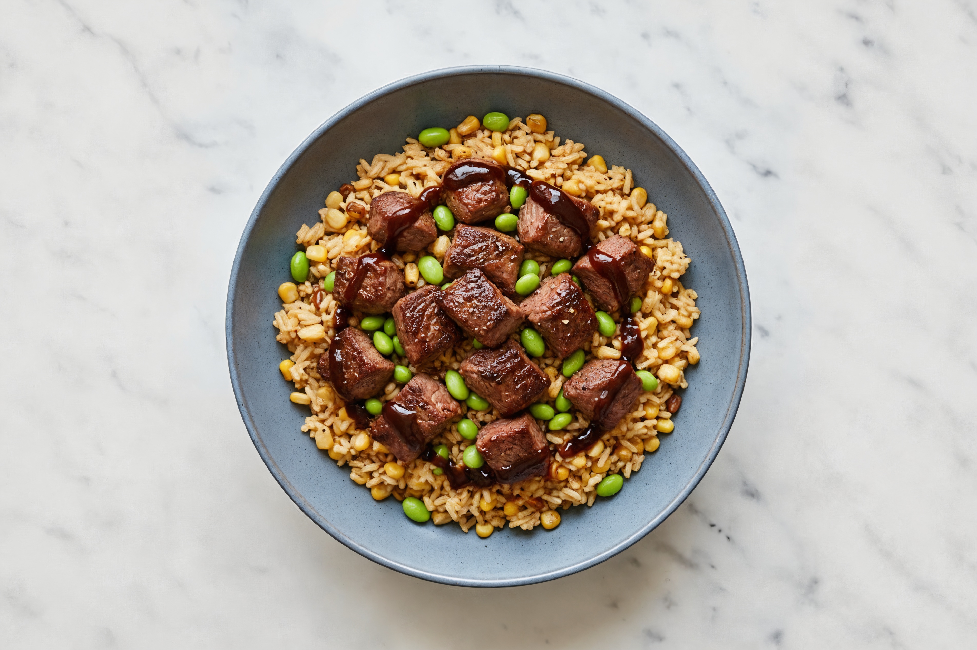 Japanese BBQ Seared Lamb + Corn Rice Bowl with Edamame