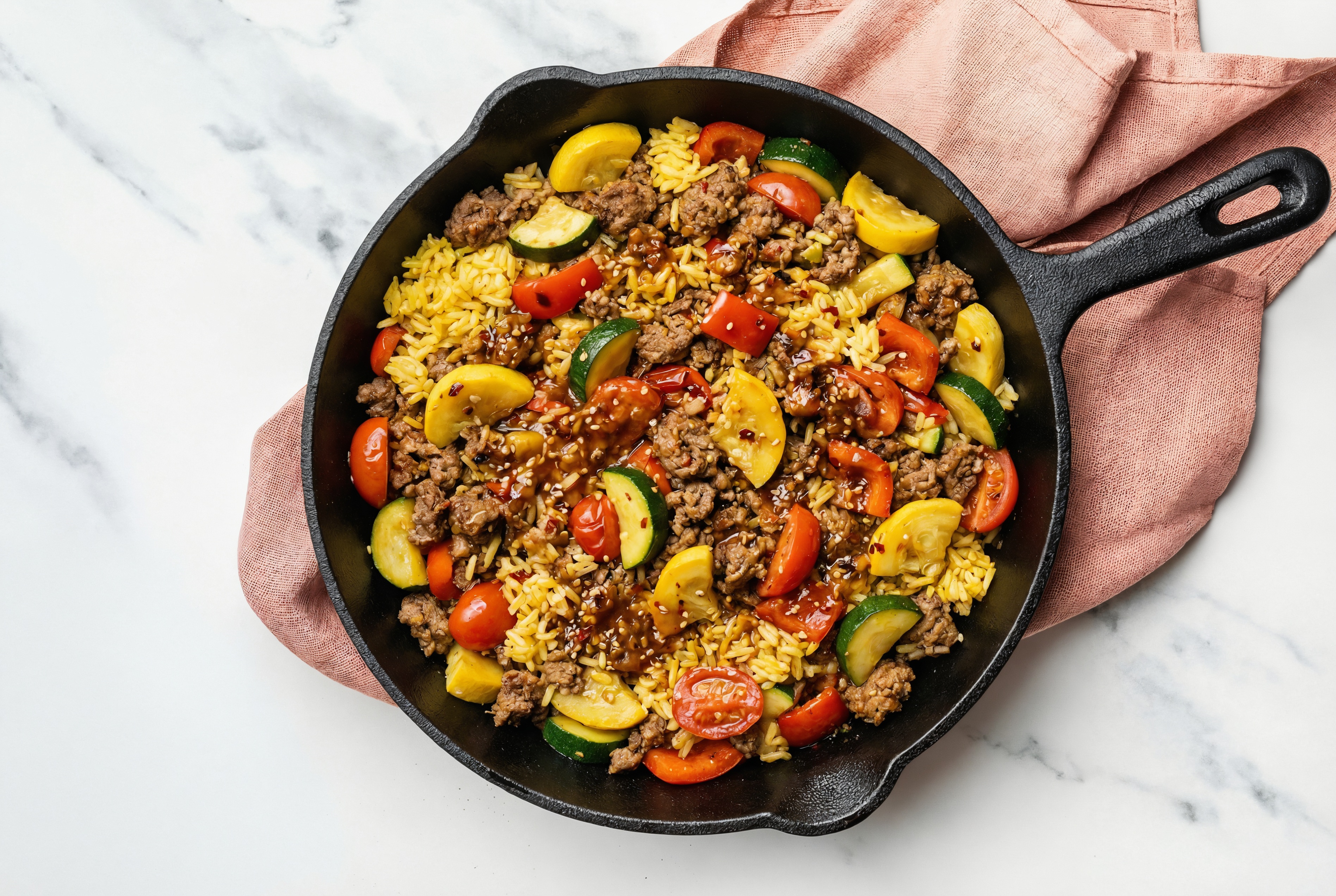 Sesame Ginger Squash + Ground Italian-Style Beef Stir-Fry