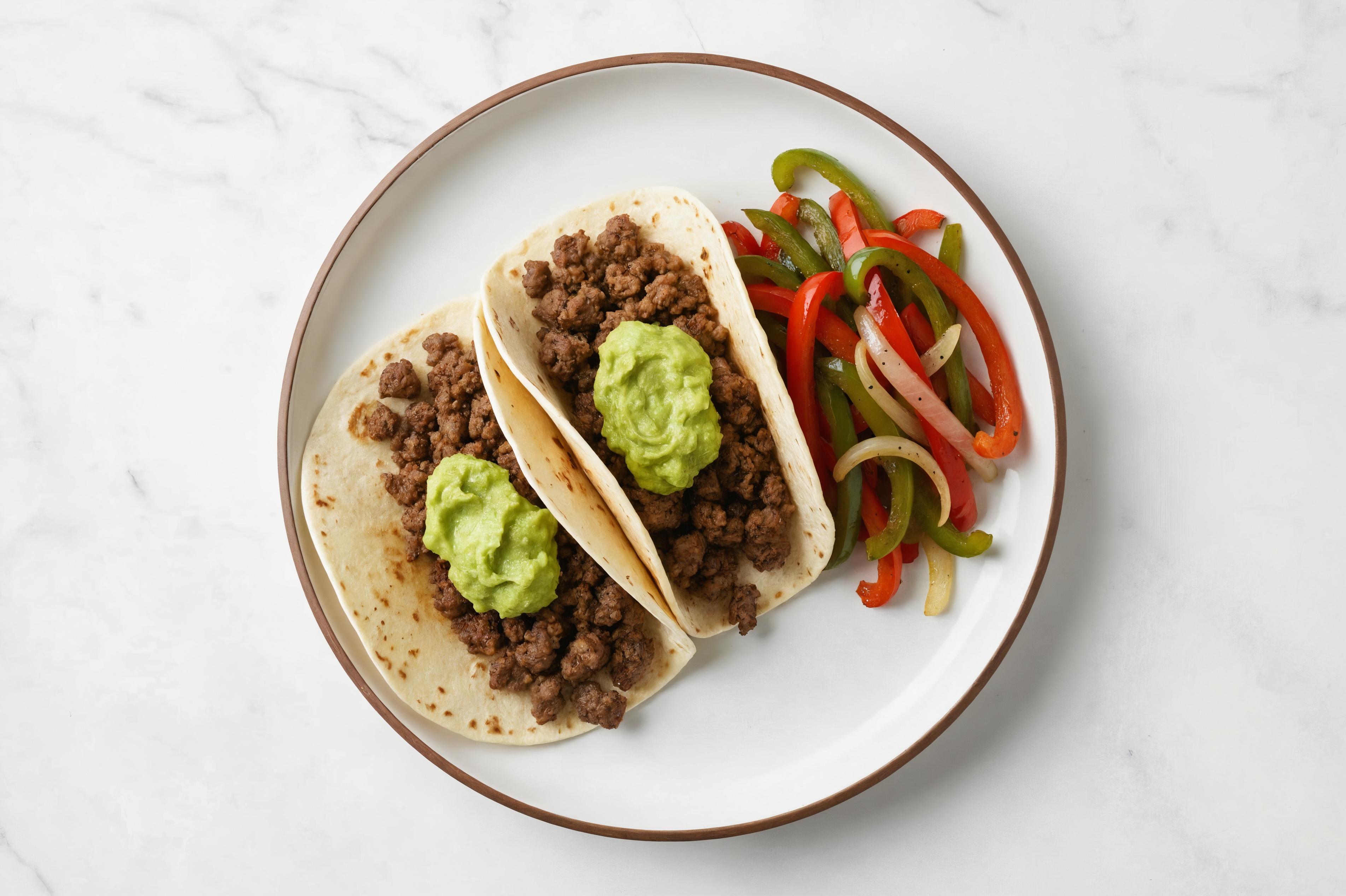 Ground Wagyu Beef + Guacamole Tacos with Fajita Veggies