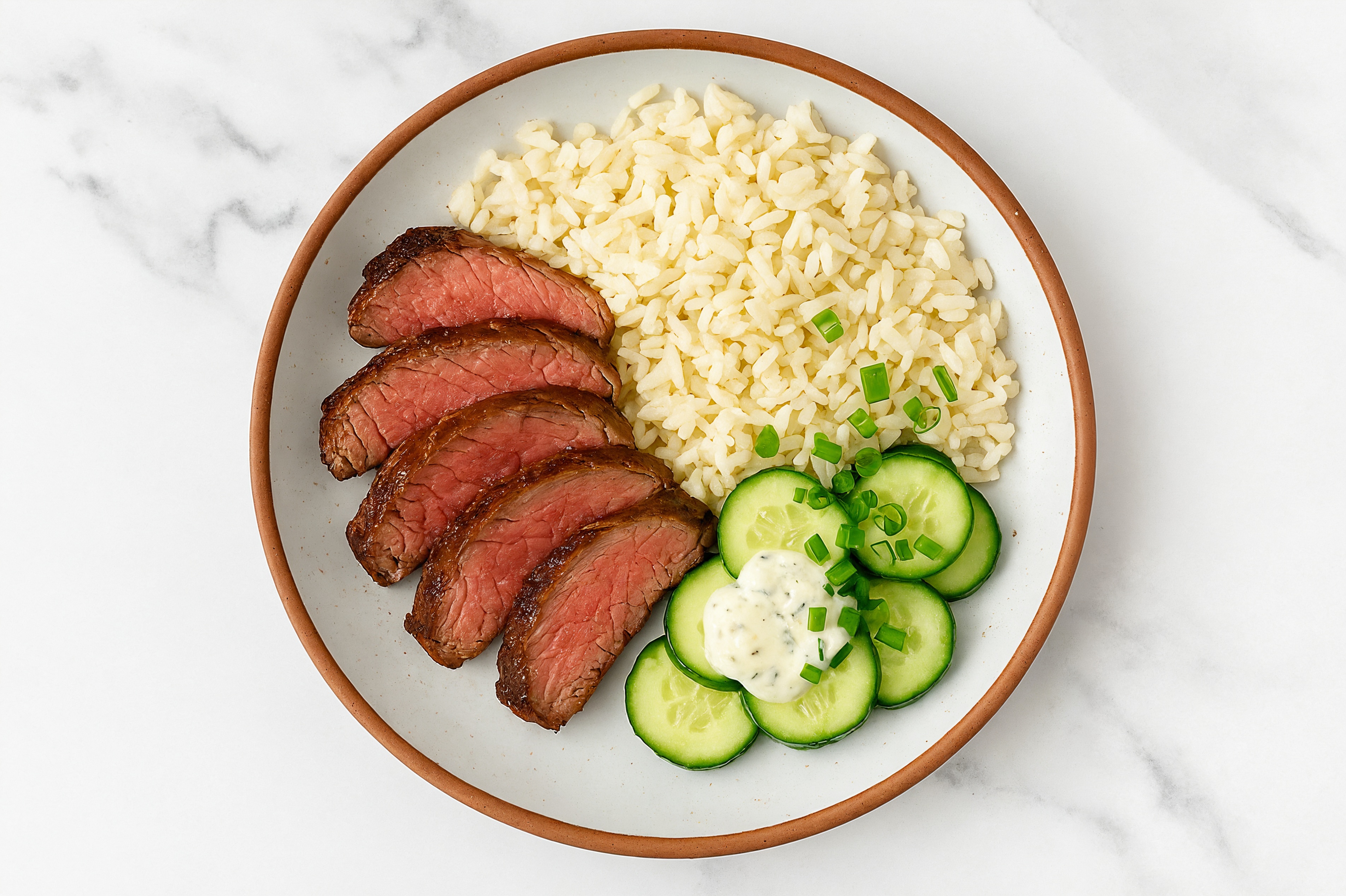 Grass-Fed Beef Sirloin Steaks + Rice, Garlic Sauce, Scallions + Cucumber