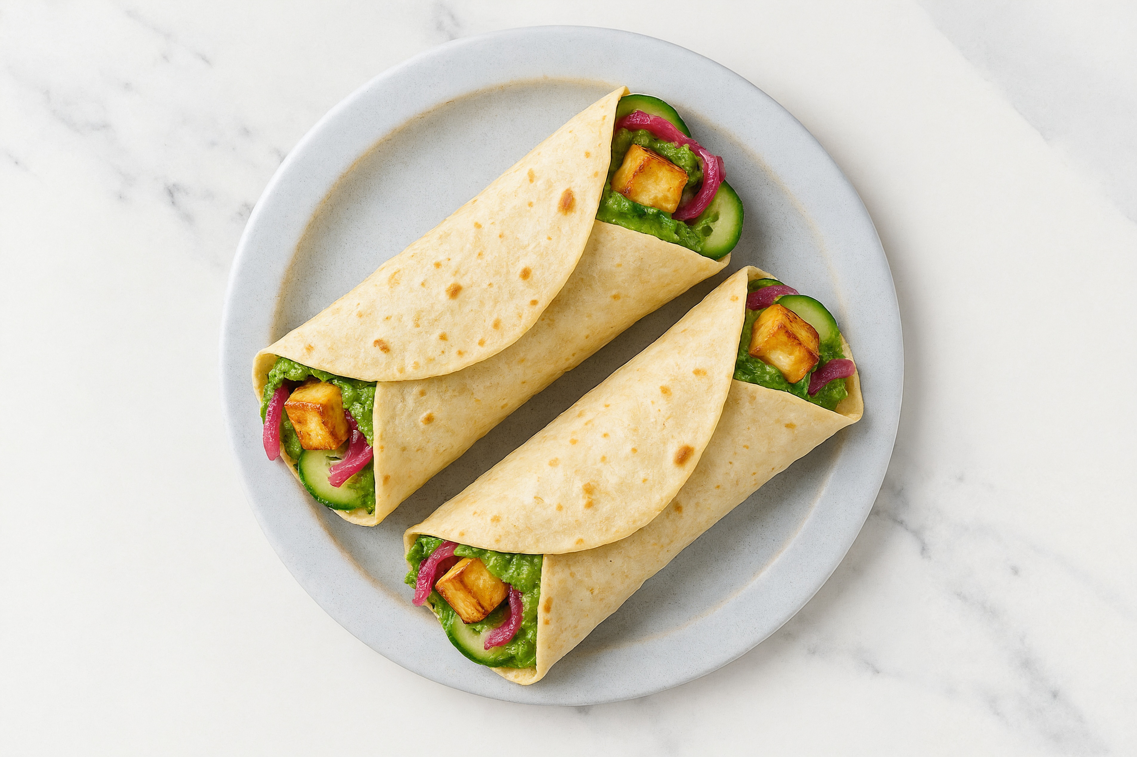 Soft & Creamy Paneer with Pesto Aioli, Pickled Onion + Cucumber Wrap