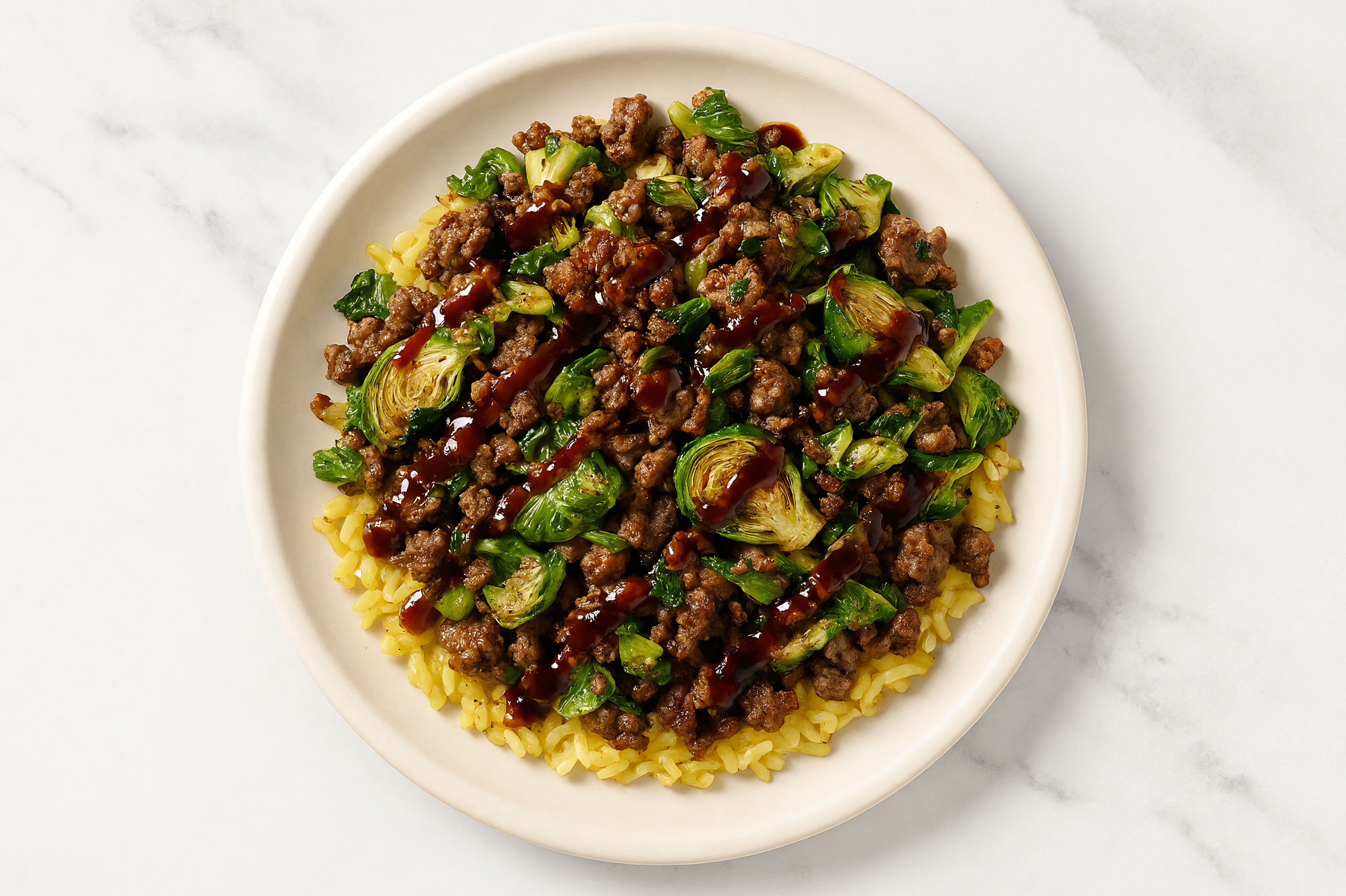 Japanese BBQ Ground Lamb + Organic Rice Bowl with Shaved Brussels