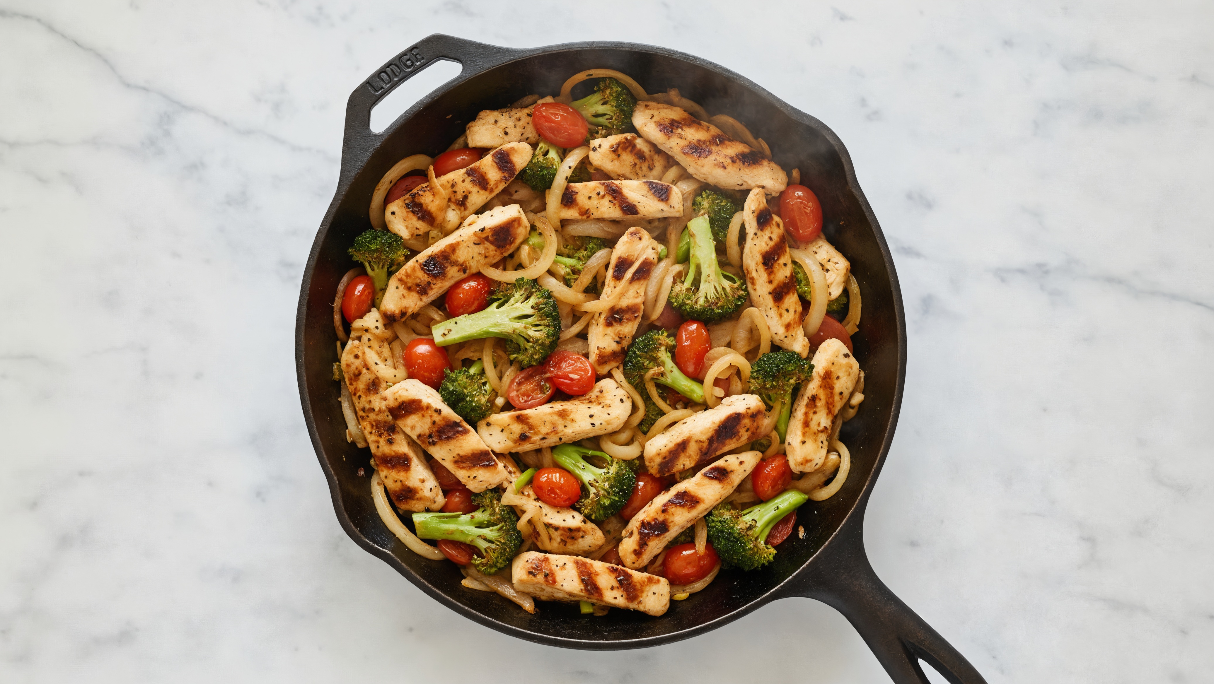 Seasoned Chicken with Organic Broccoli + Onions, Tomatoes