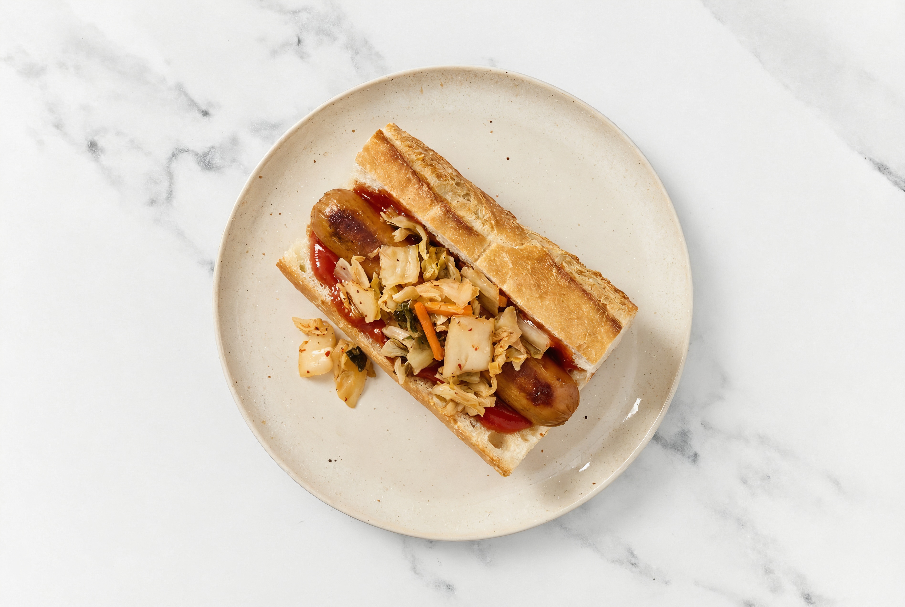 Kimchi Smart Dog with Ketchup on Baguette