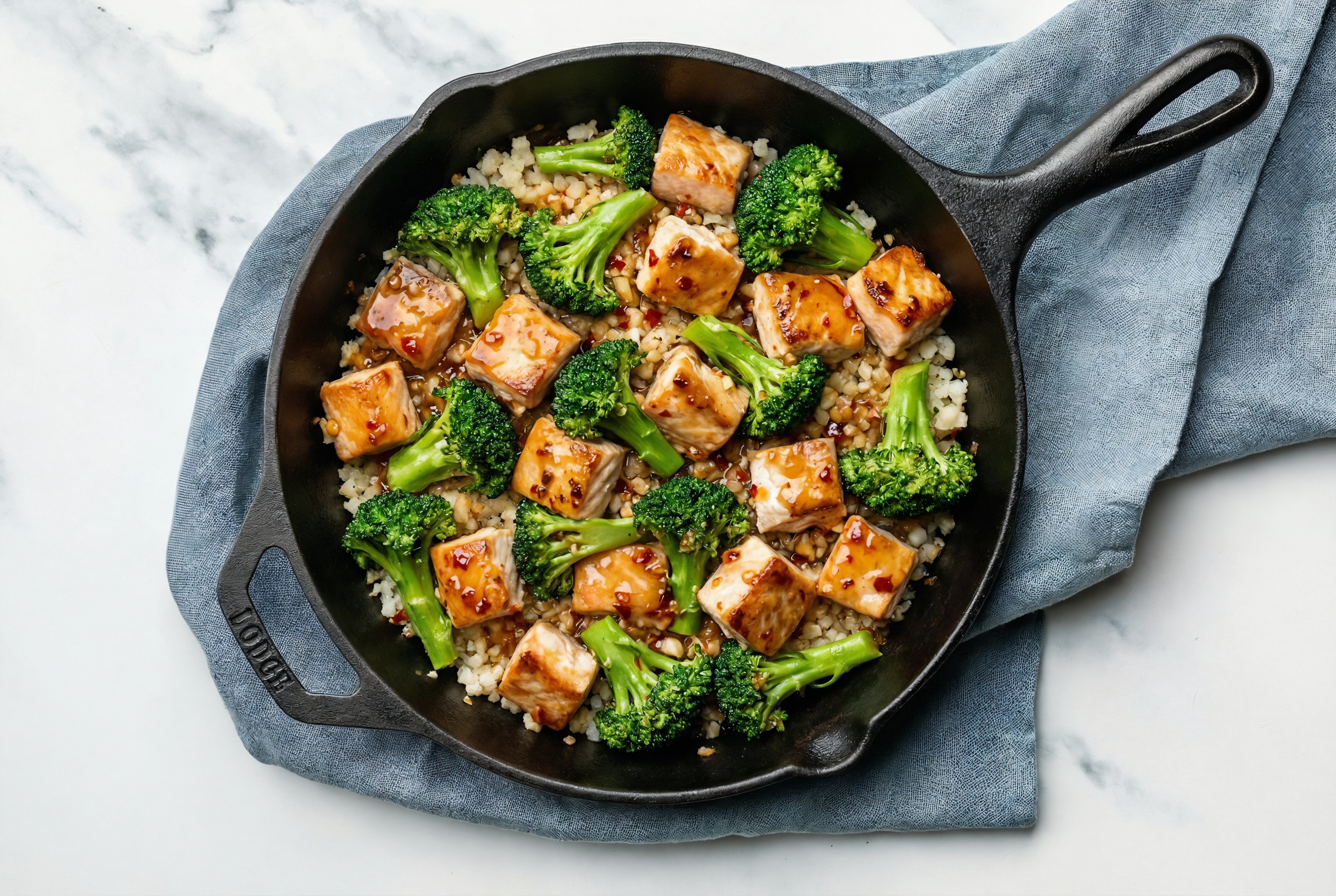 Sweet Chili Steelhead Trout Stir-Fry with Broccoli over Riced Cauliflower