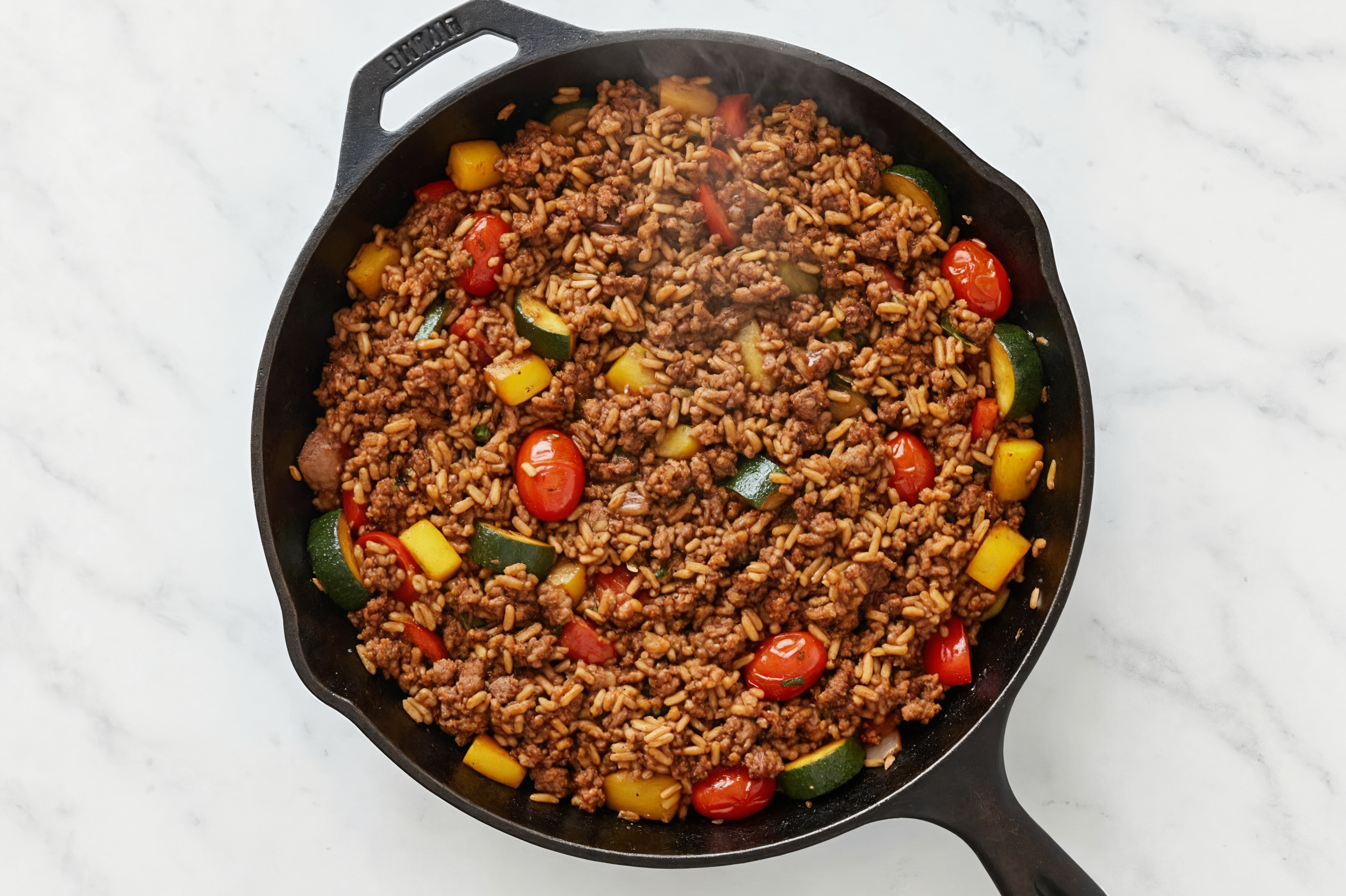 Teriyaki Squash + Ground Bison Stir-Fry with Brown Rice