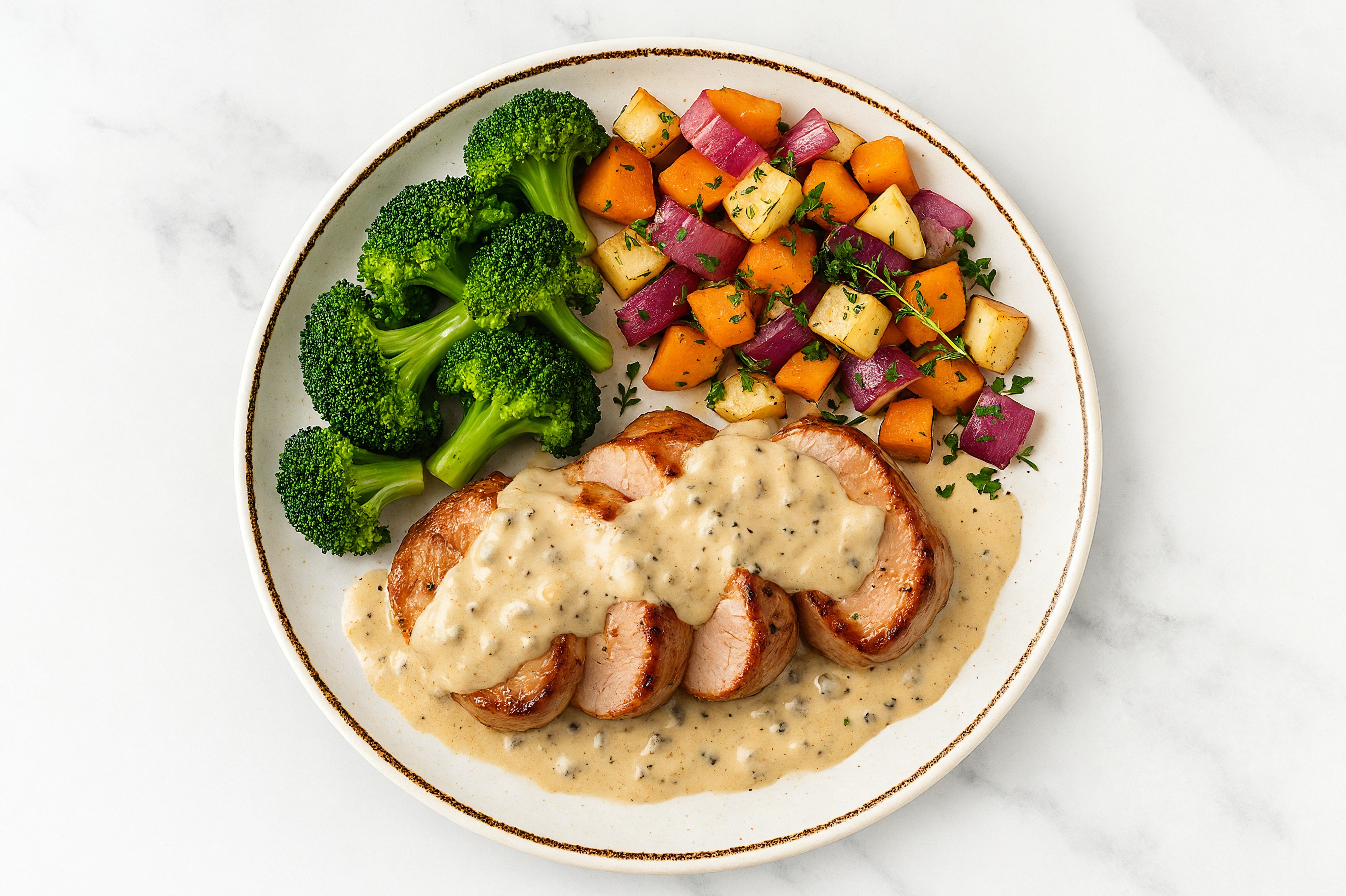 Creamy Truffle Smothered Pork Tenderloin with Broccoli & Roasted Vegetables
