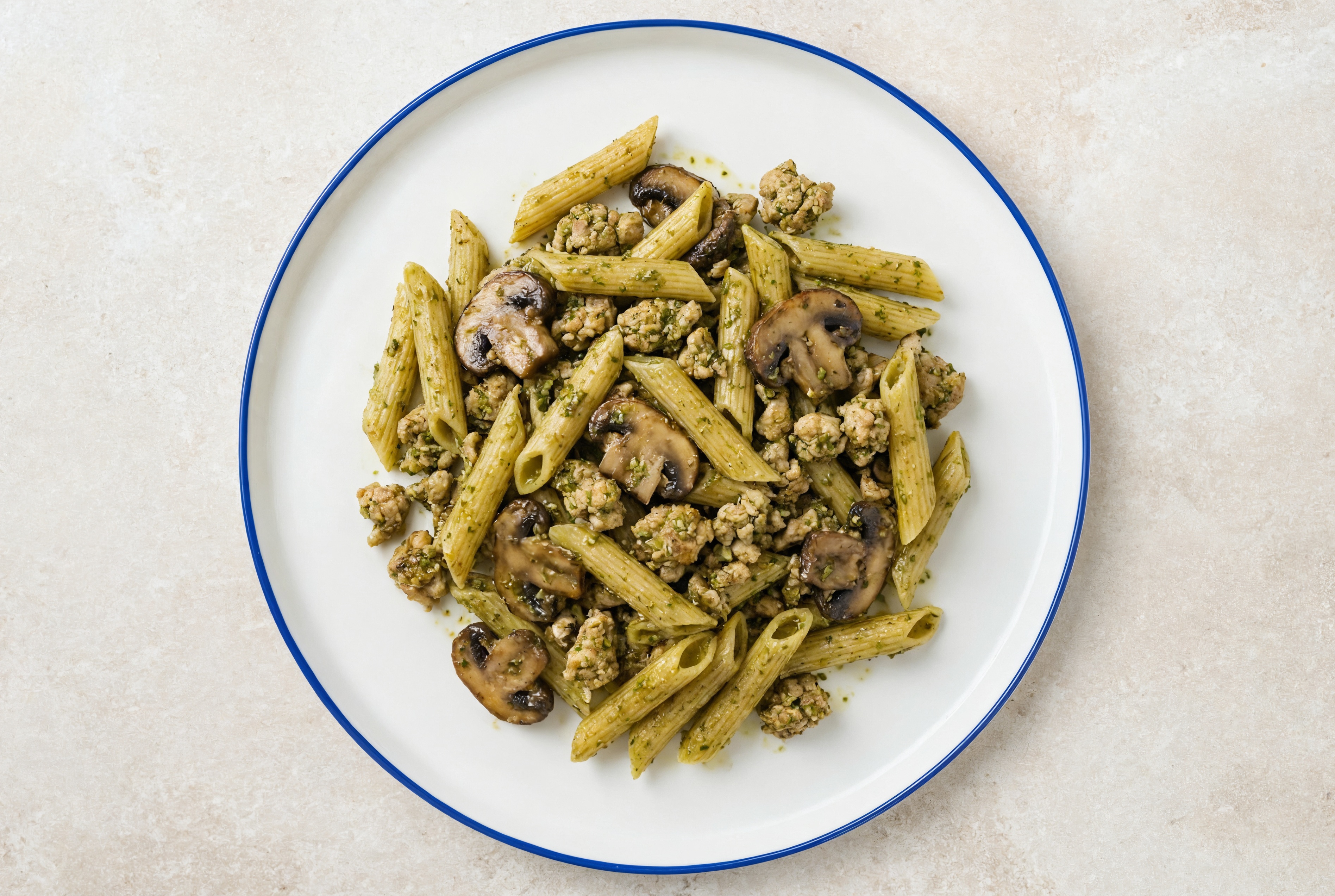 Penne Pesto with Ground Turkey & Mushrooms