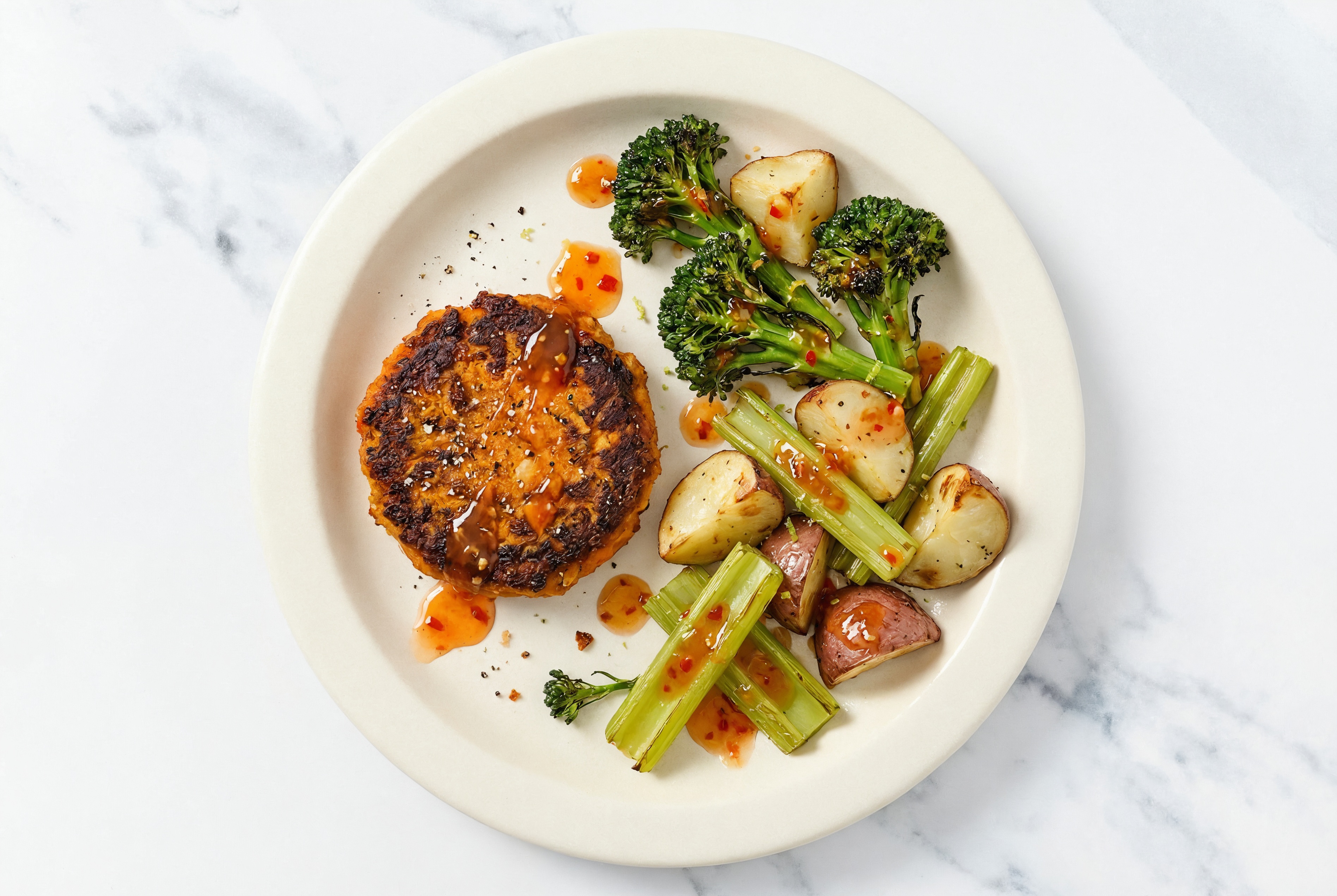 Roasted Celery + Red Potatoes with Sweet Chili Lime, Veggie Potato Burger Patties Plate