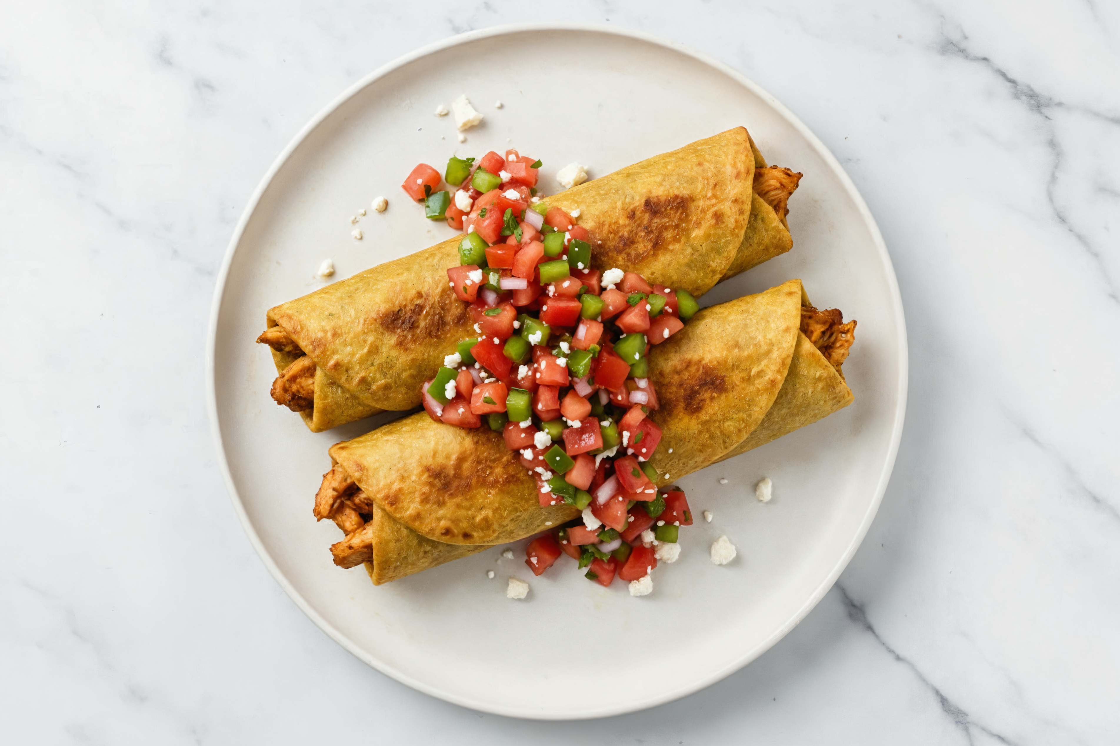Spicy Mediterranean Mash-Up Chicken Chimichangas with Spinach Tortilla