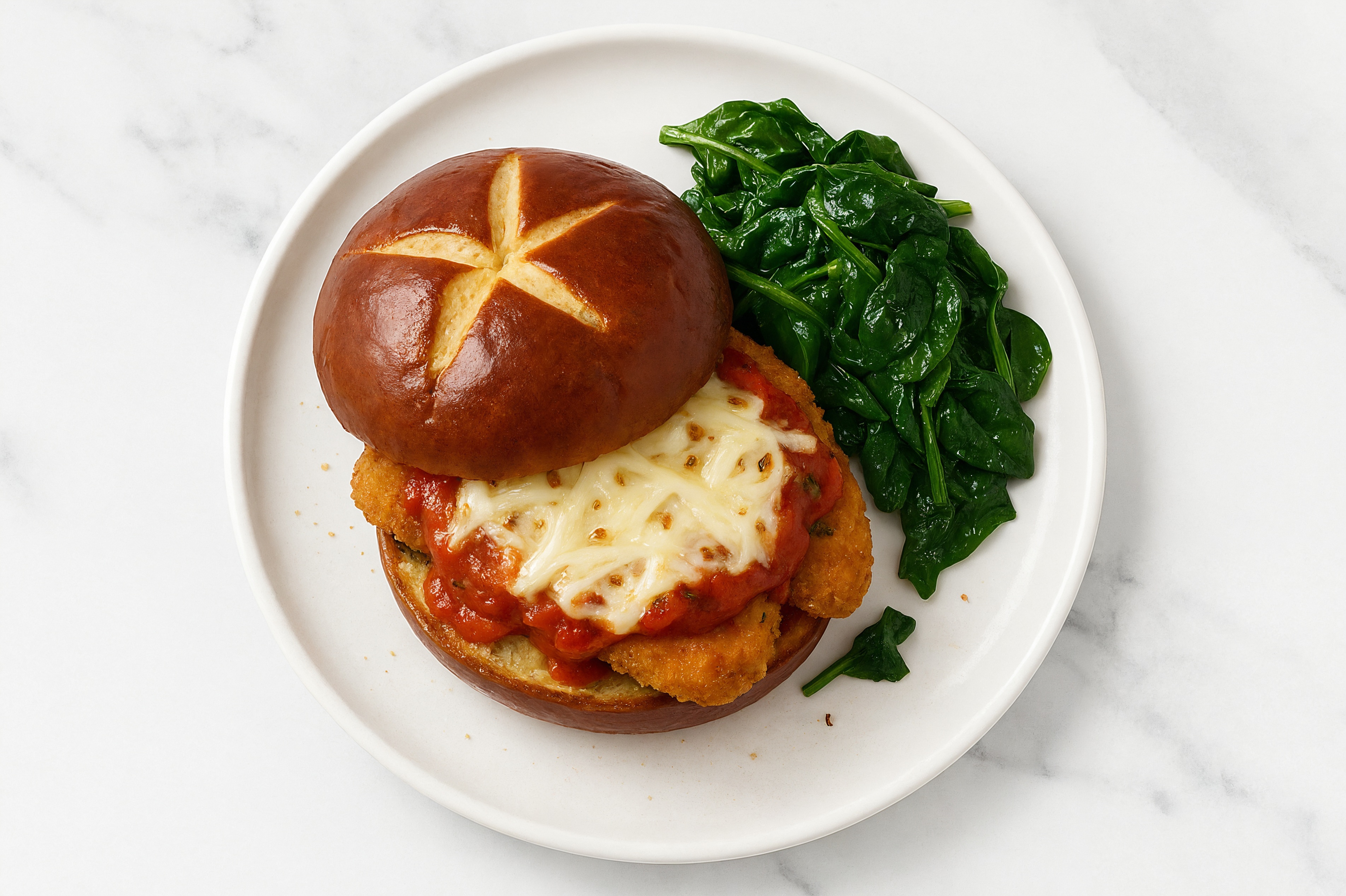 Chick'n Parm Sandwich on Pretzel Bun with Baby Spinach