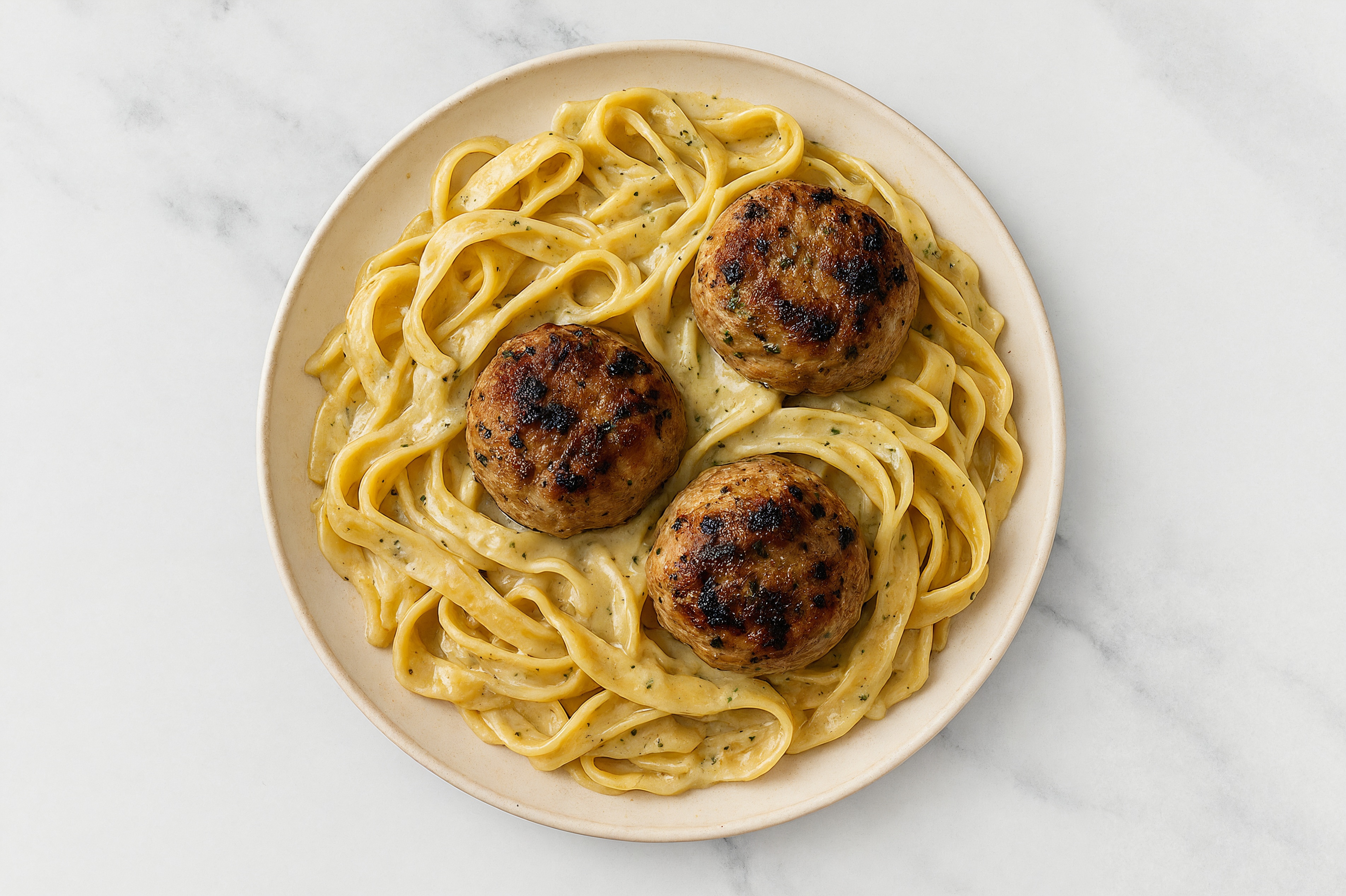 Herb Cream Egg Tagliatelle Pasta with Meatballs